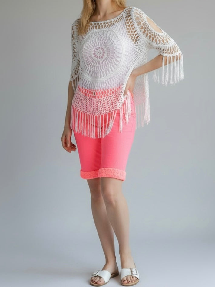 Aufwendiger Off - Shoulder Häkelpullover in weiß