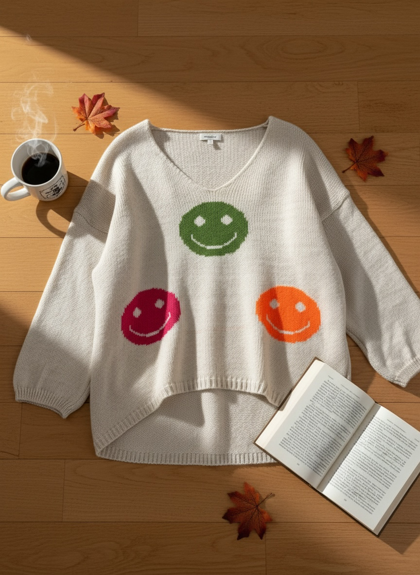 Goldiger Strick - Pullover „Smile“ in creme - bunt