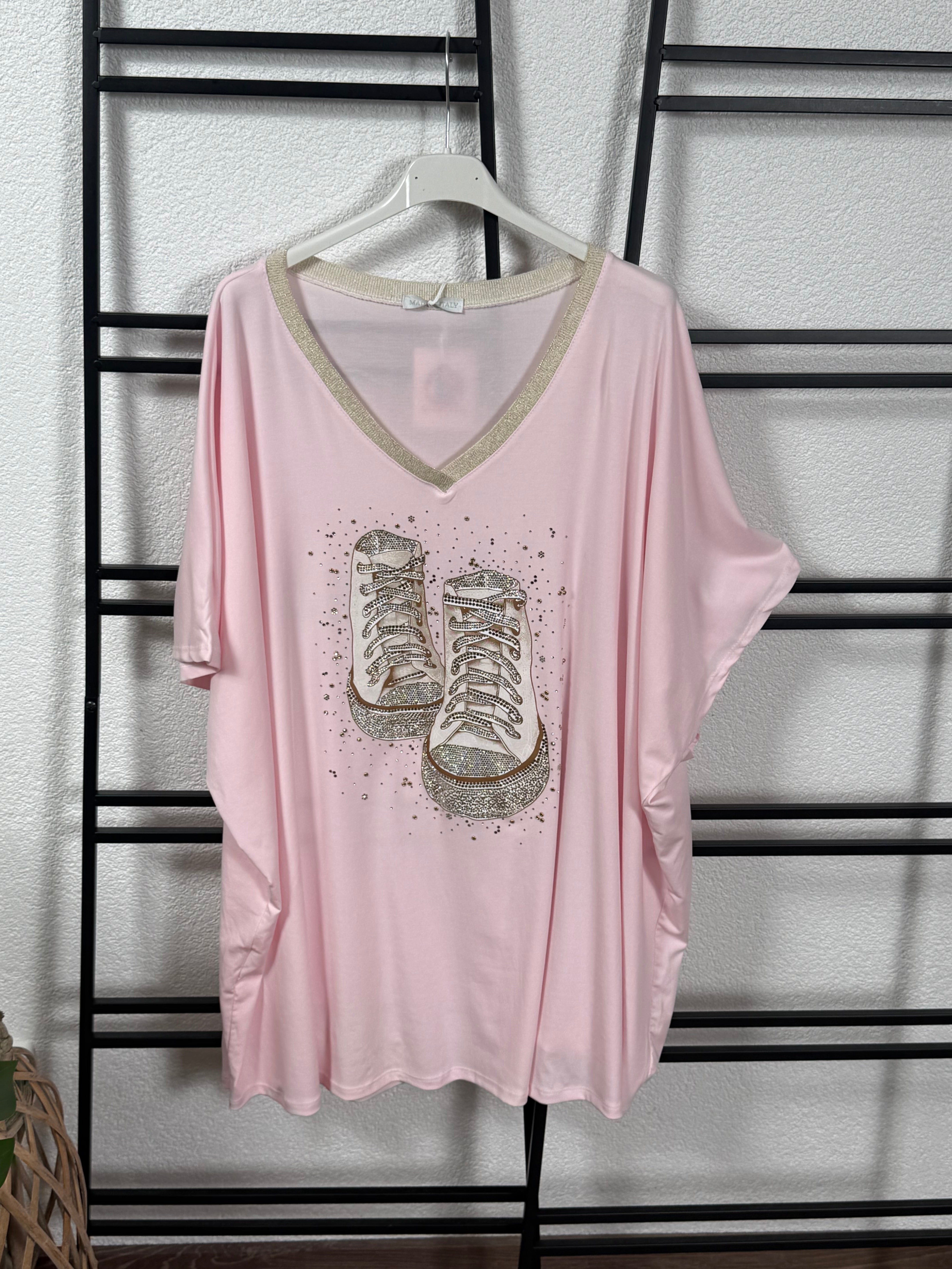 Hochwertiges T - Shirt „Sneaker“ mit Glitzer und Pailletten Einheitsgrösse Gr. 44 - 50 in rosa