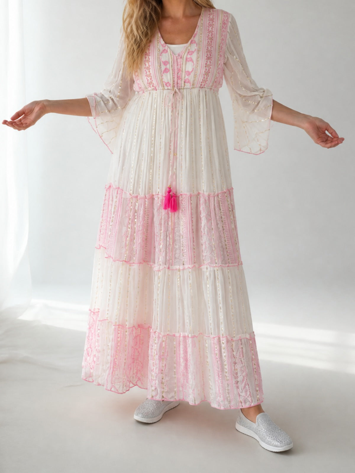 „Boho“ Maxi - Kleid mit Stickerei Einheitsgröße Gr. 38 - 44 in creme - rose