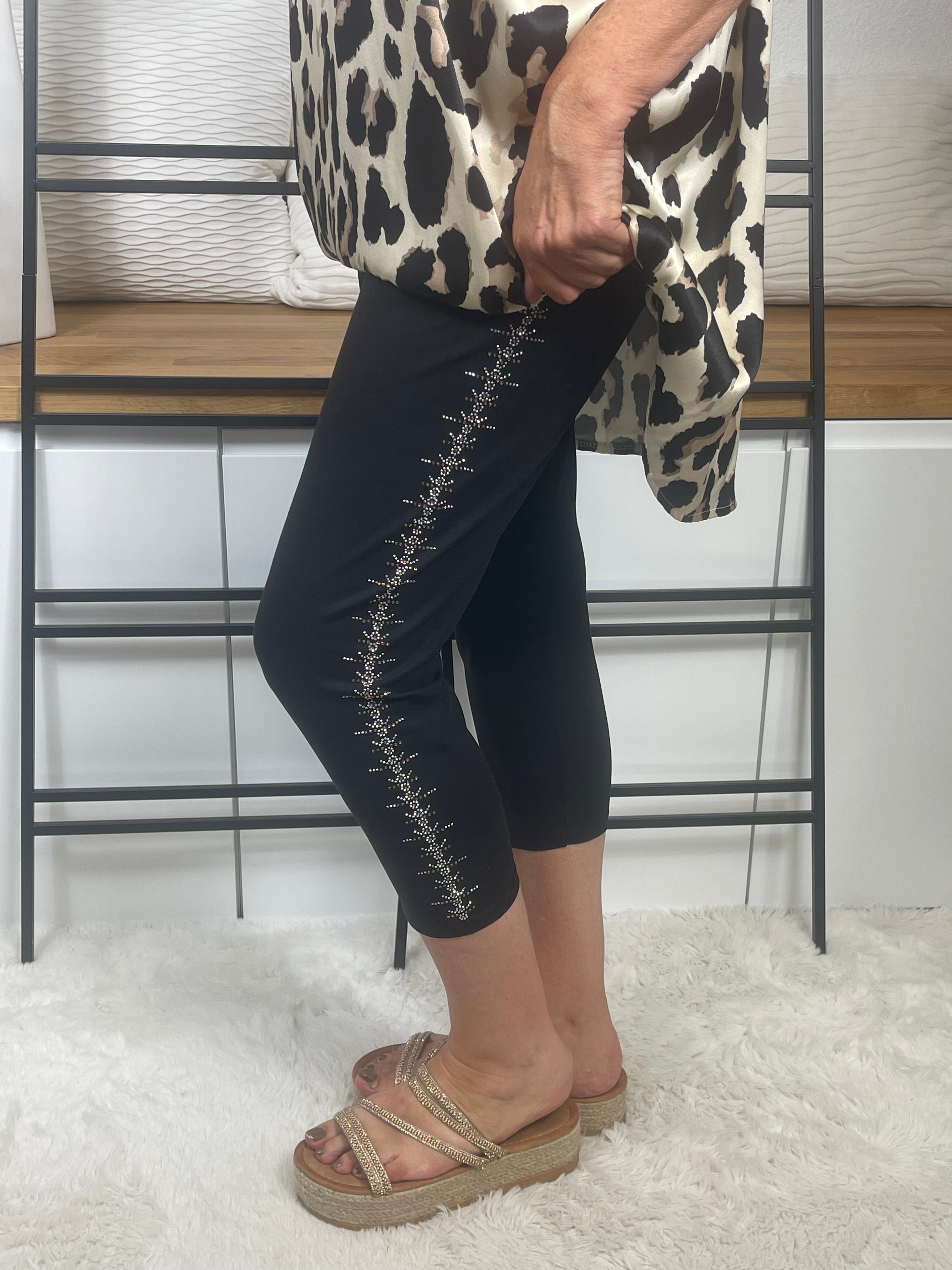 Damen 3/4 Leggin mit Glitzer und Pailletten Einheitsgröße Gr. 42 - 54 in schwarz