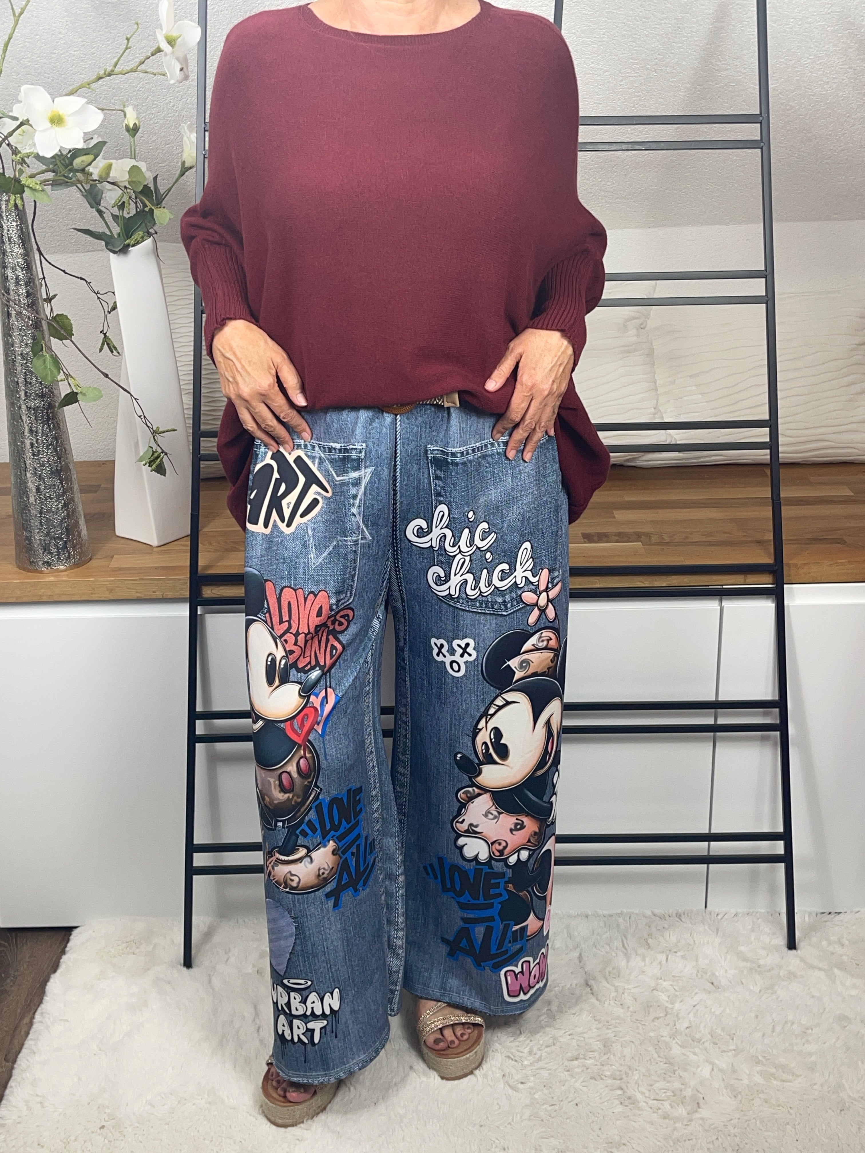 !!!!KEINE RETOURE MÖGLICH !!!!Elegante weite Damen - Jogpant „Mickey - Minney“ mit „3 D“ Effekt Einheitsgrösse Gr. 44 - 54 in 5 Varianten