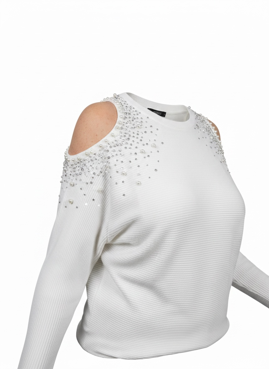 Eleganter Feinstrick Off - Shoulder Pullover mit Glitzer und Pailletten in 2 Farben