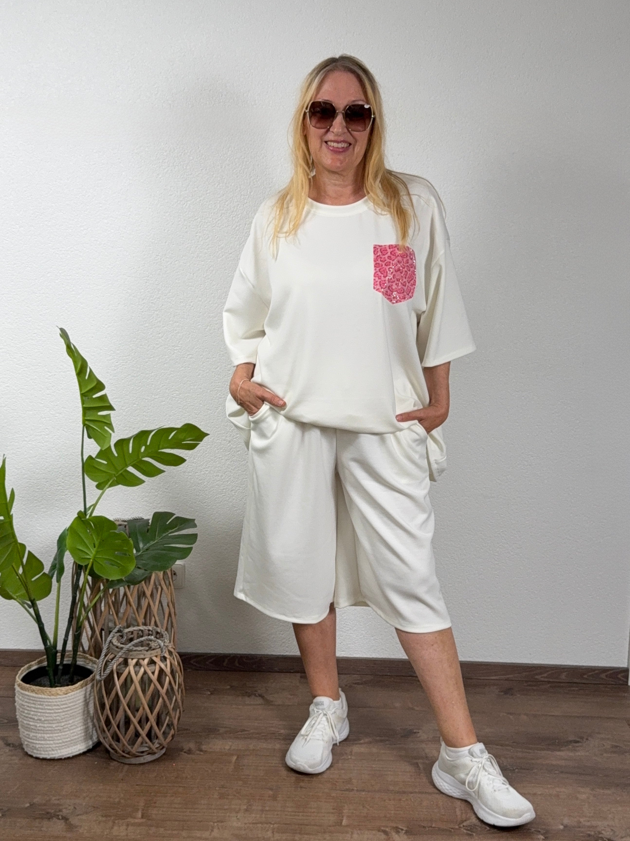 2 tlg. Kombination - „Fluffi“ 3/4 Hose und T - Shirt Einheitsgröße Gr. 46 - 54 in weiß