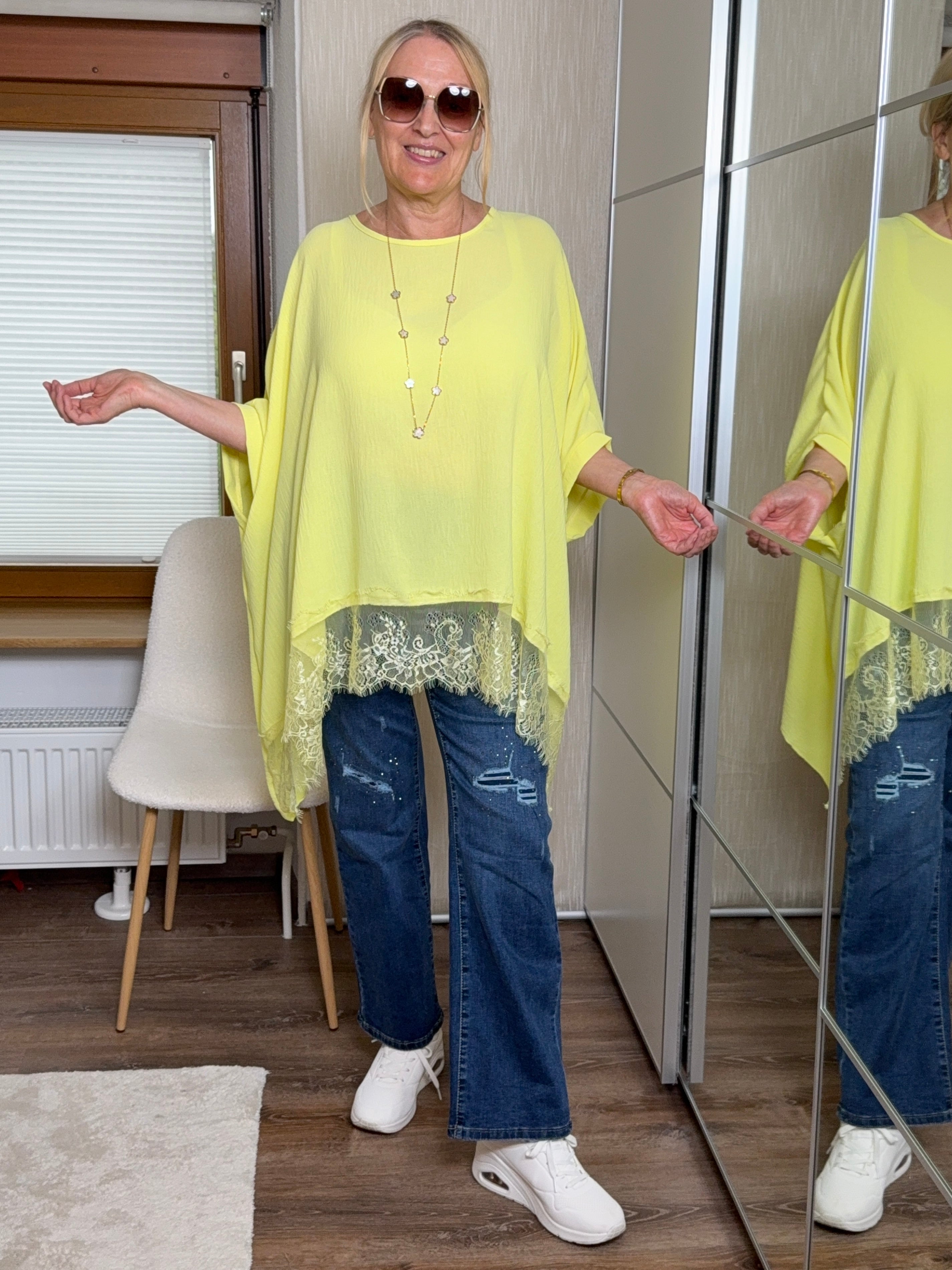 Tunika mit eleganter Spitze Einheitsgröße Gr. 38 - 54 in 3 Farben