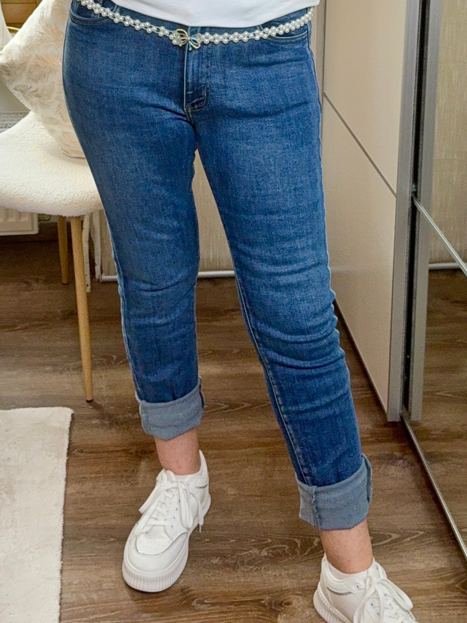 Jeans mit elegantem „Perlengürtel“ Gr. 38 - 48 in blau
