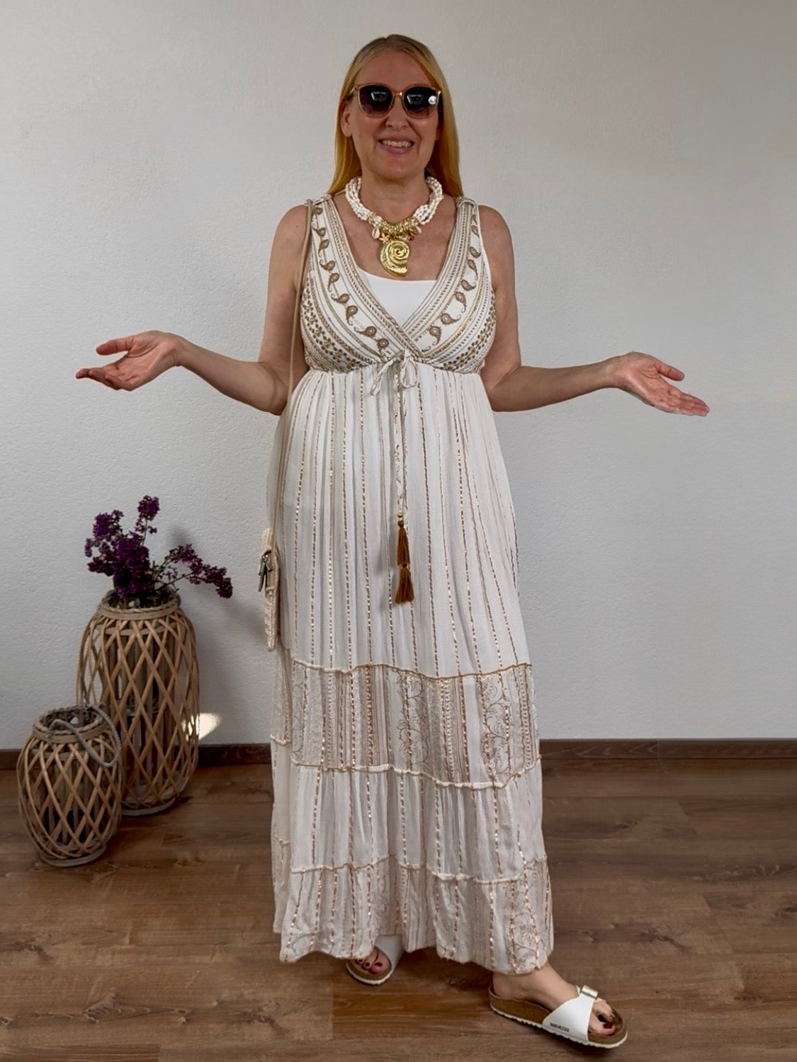 „Boho“ Maxi - Kleid mit Stickerei Einheitsgröße Gr. 38 - 44 in creme - taupe