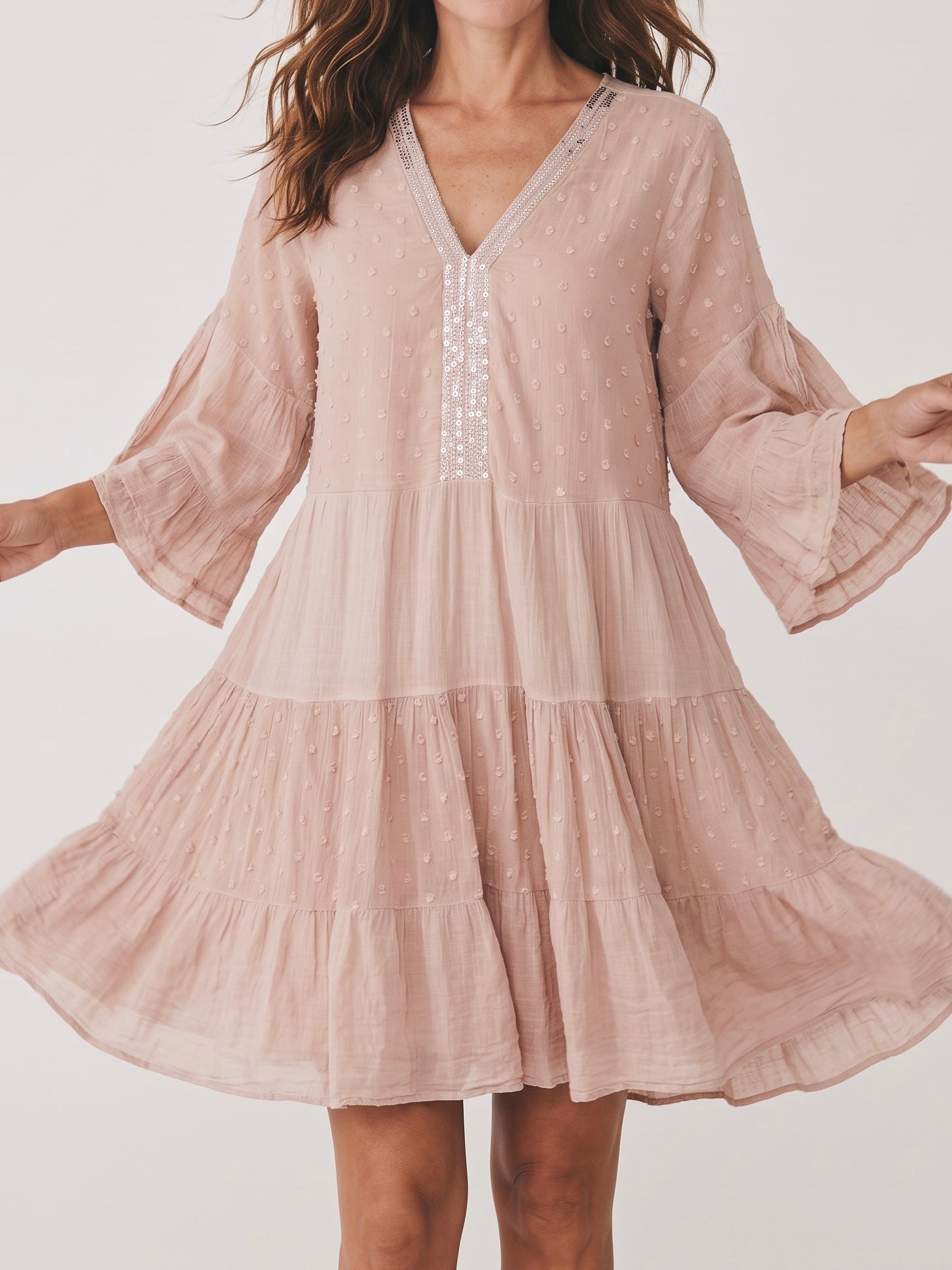 Boho - V - Tunika - Kleid mit Glitzer und Pailletten in zartrose