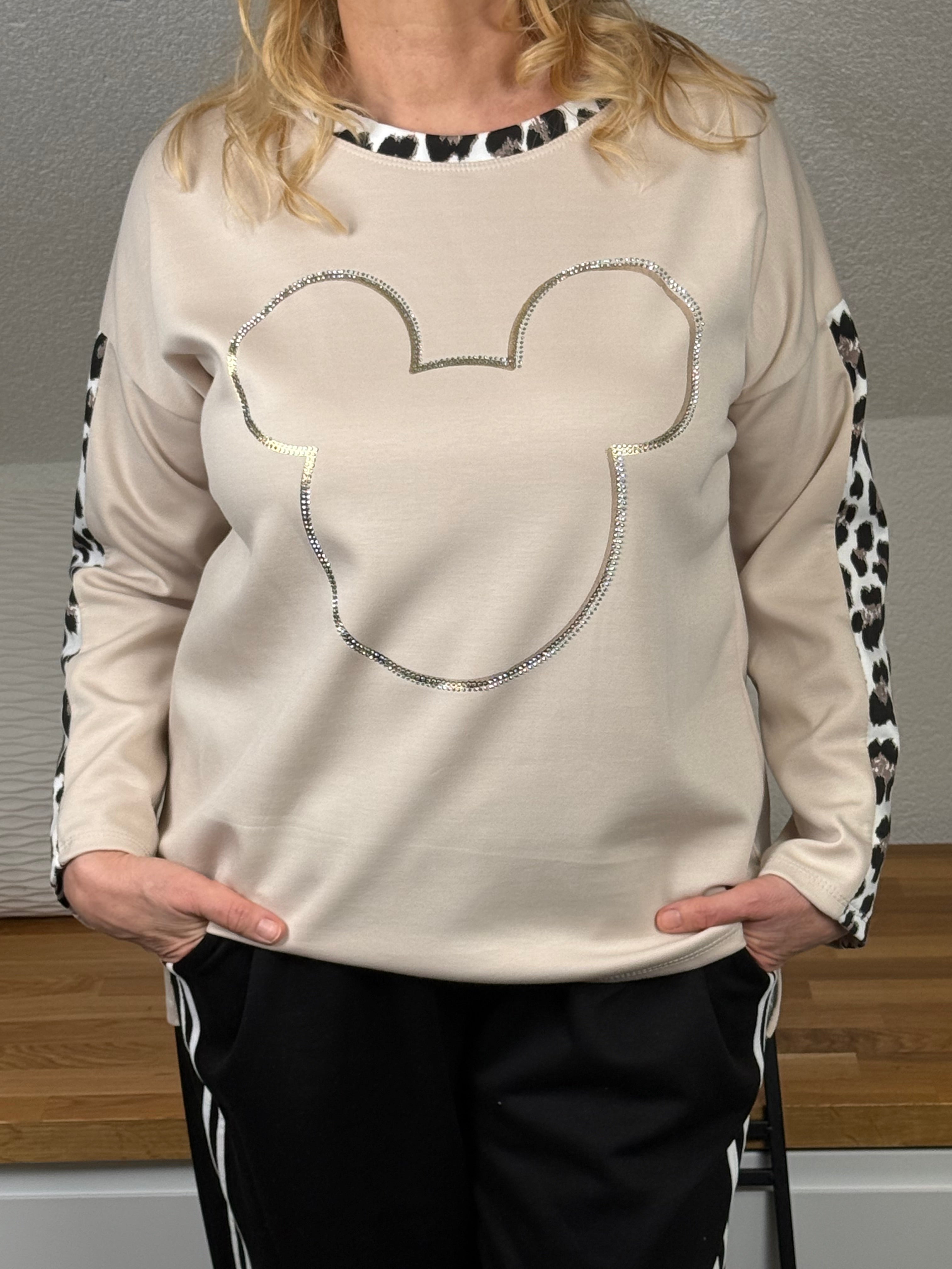 Pullover „Maus“ mit Animal Print und Glitzer und Pailletten Einheitsgröße Gr. 38 - 44 in 2 Farben
