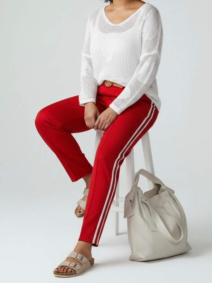 Elastische Bundfalten - Hose mit Galonstreifen und Gürtel in 2 Farben