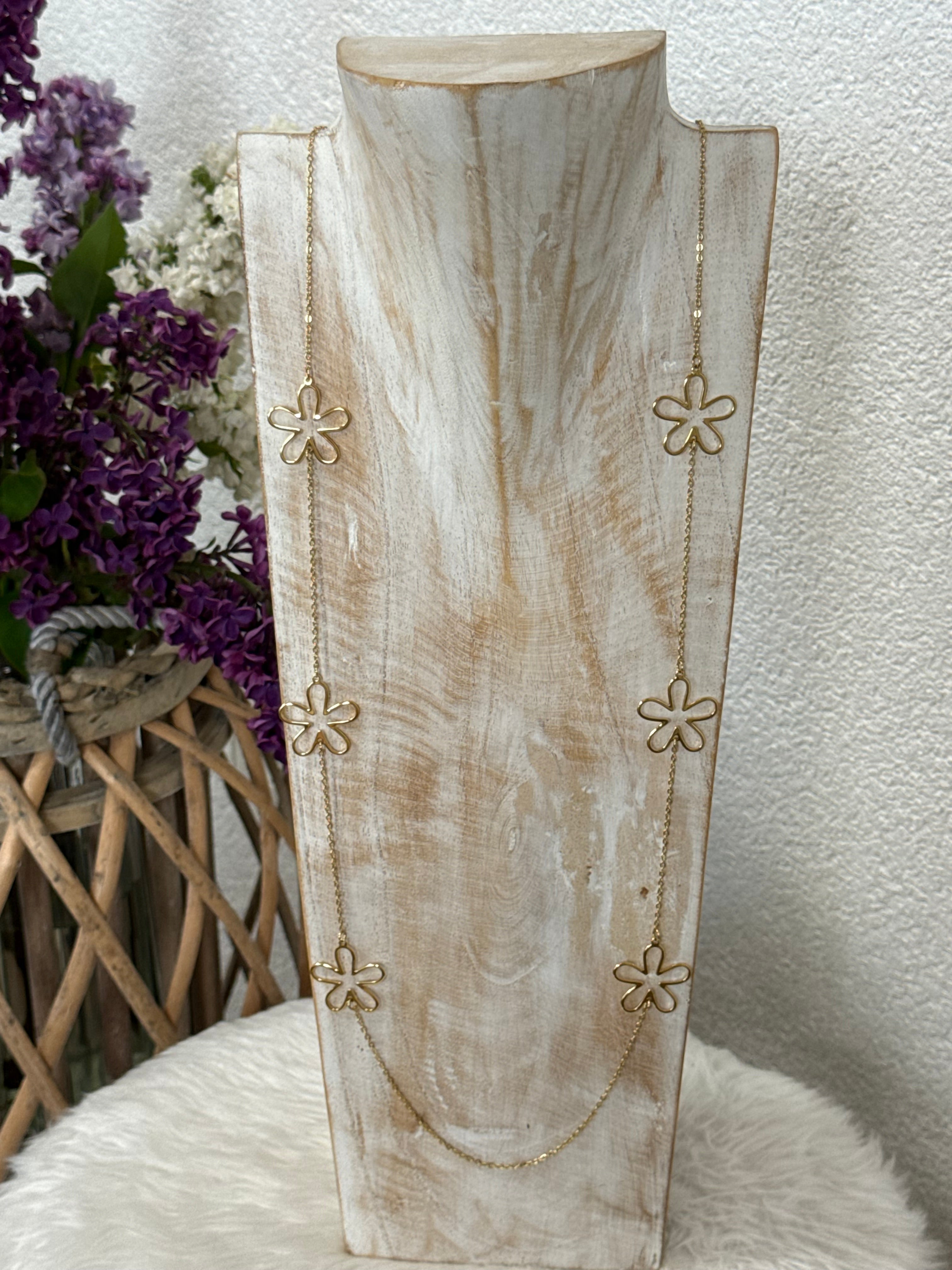 Lange Edelstahl - Glieder - Kette „Blüten“ in gold