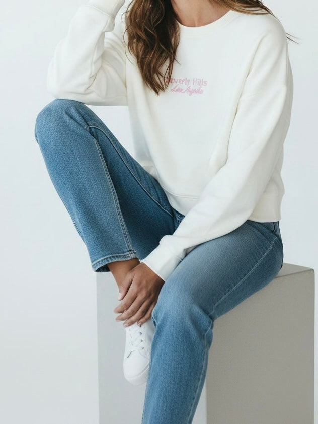 Trendiger, süßer Short - Sweater mit Schriftzug in weiß - rosa