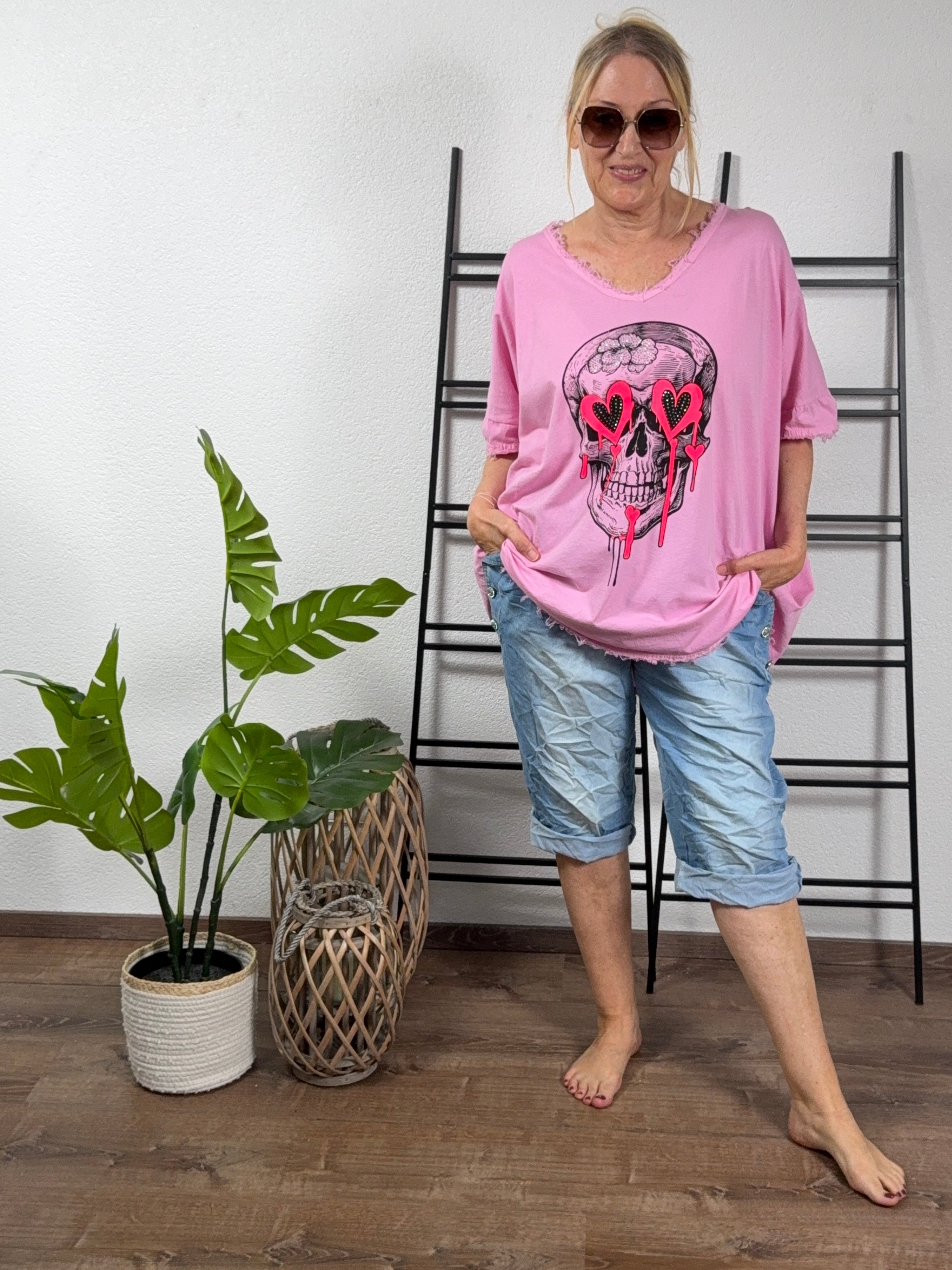 V - Shirt Kurzarm „Skull“ Einheitsgröße Gr. 42 - 48 in rosa