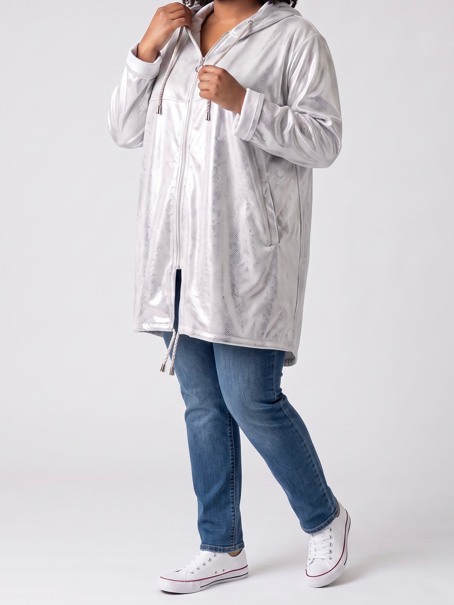 Elegante Lederimitat - Jacke in weiß - silber