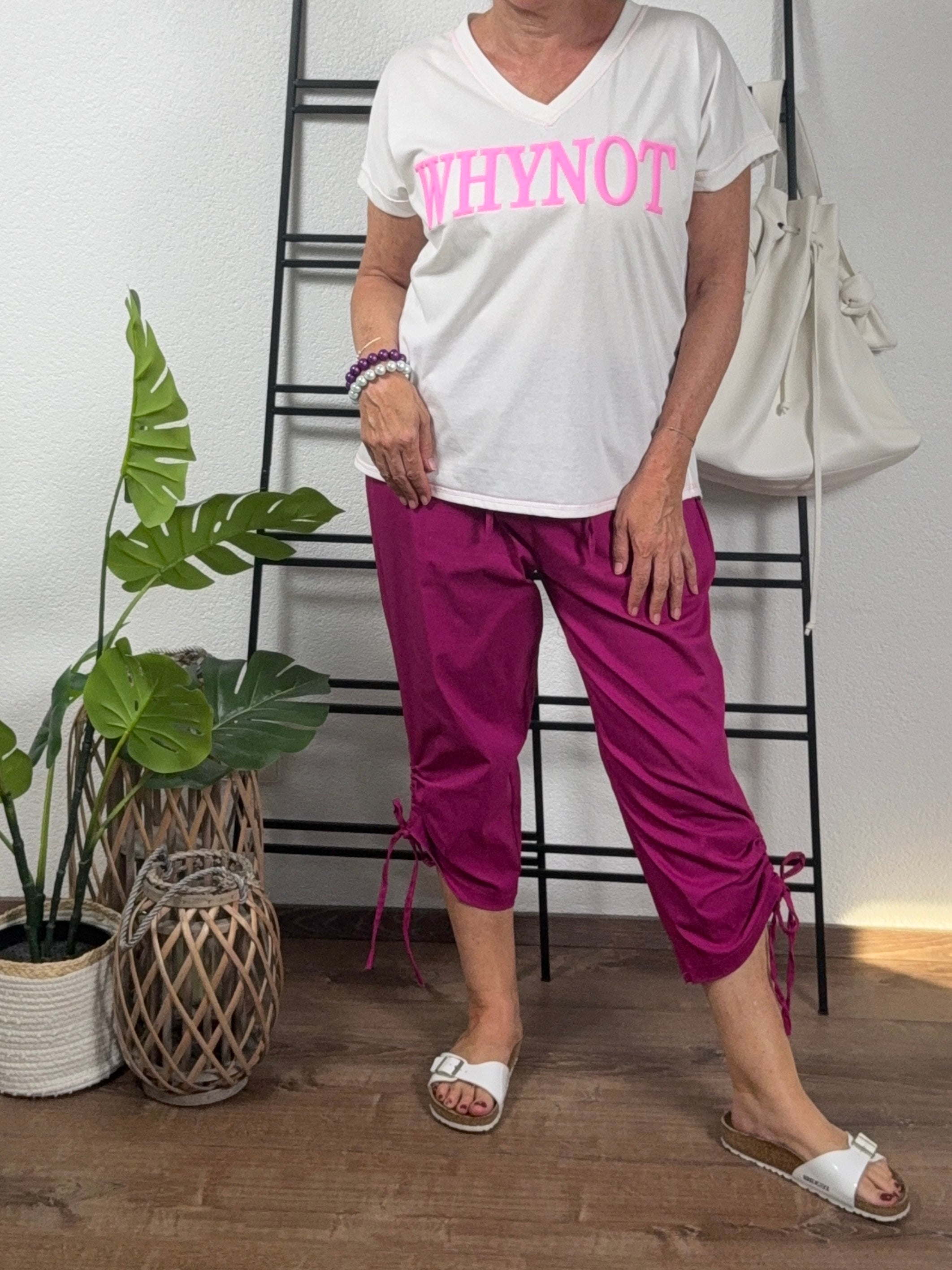 V -Shirt Kurzarm „Whynot“ Einheitsgröße Gr. 38 - 44 in weiß - neonpink