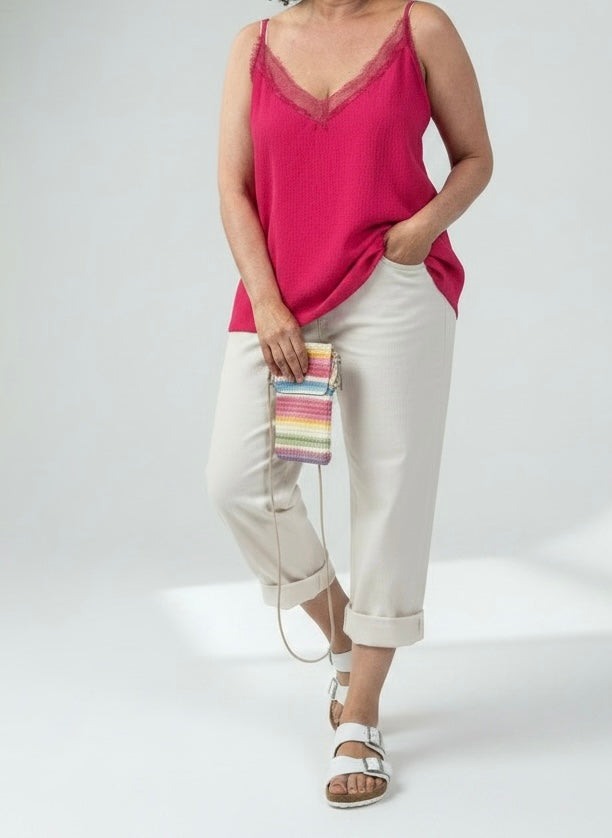 Edles Spaghetti - Top mit Spitze in pink