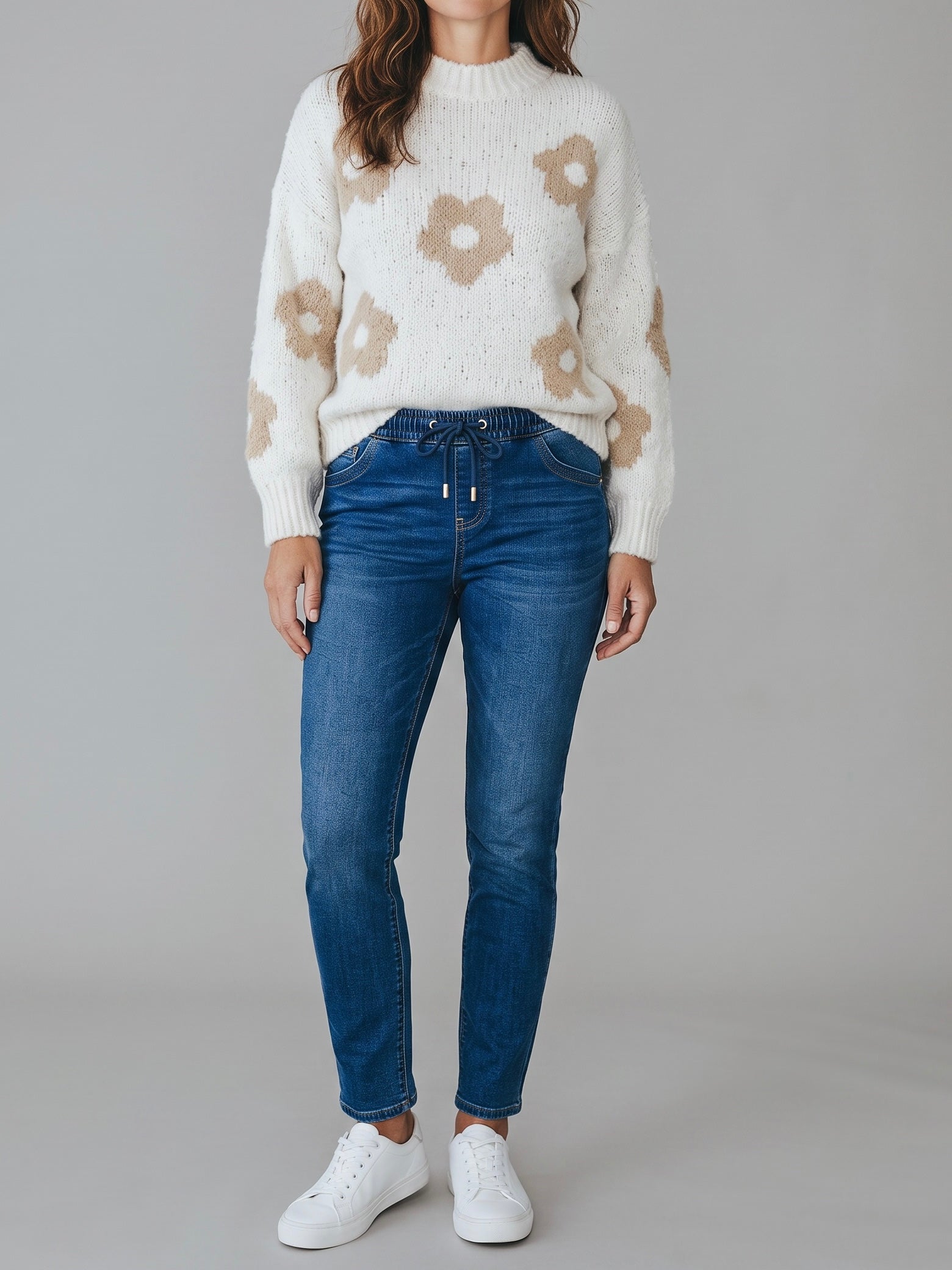 Strick - Pullover „Flower“ Einheitsgrösse in weiß - beige