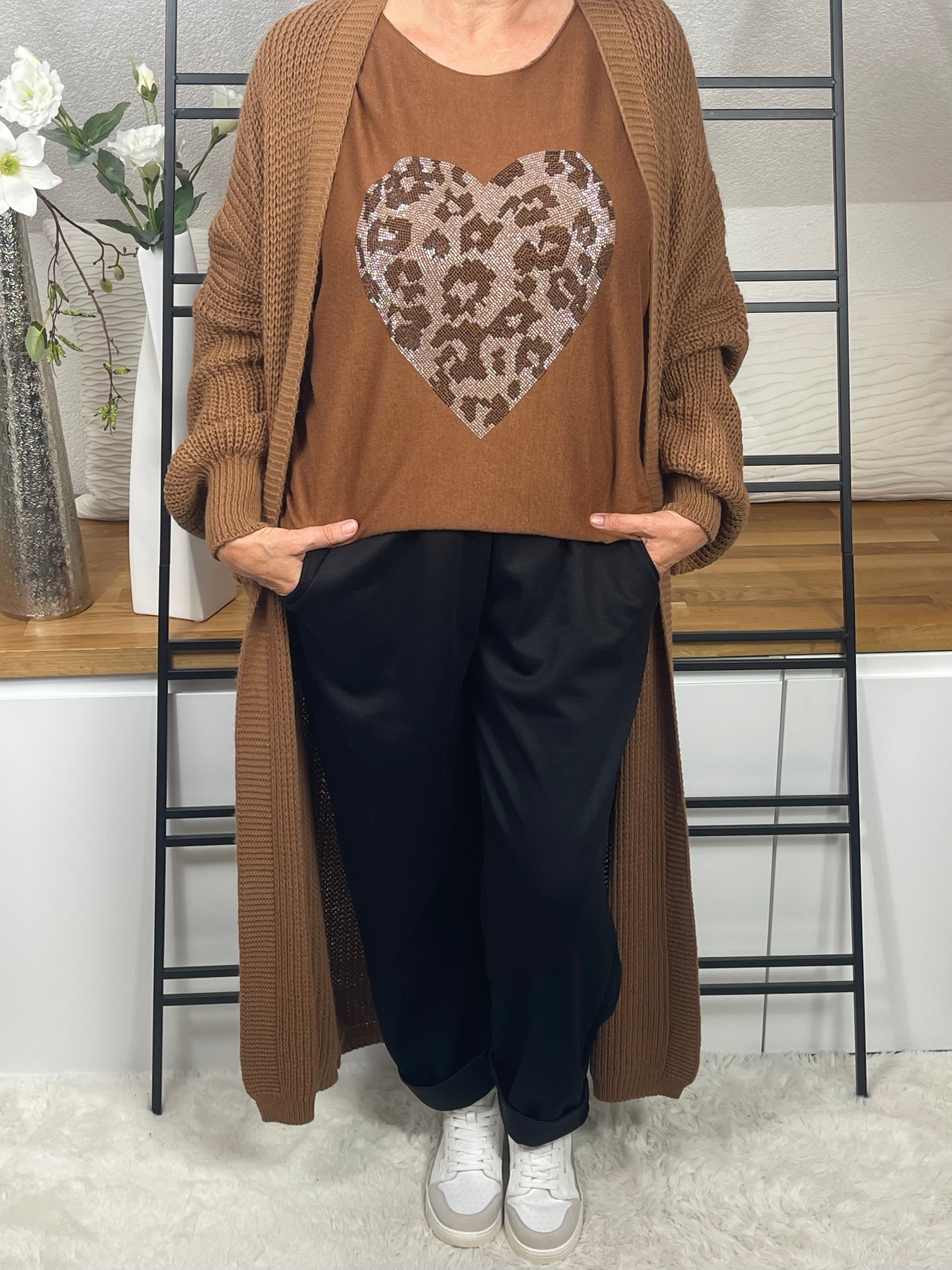 Damen - Feinstrick - Pullover „Herz“ Einheitsgrösse Gr. 38 - 44 in schoko