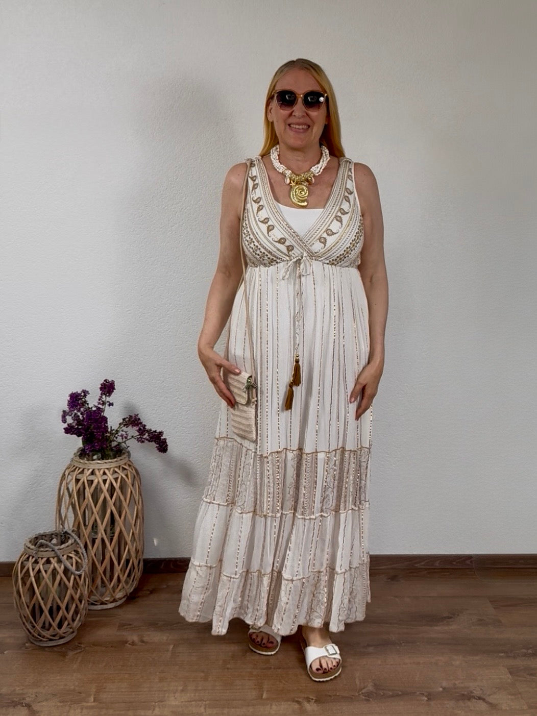 „Boho“ Maxi - Kleid mit Stickerei Einheitsgröße Gr. 38 - 44 in creme - taupe