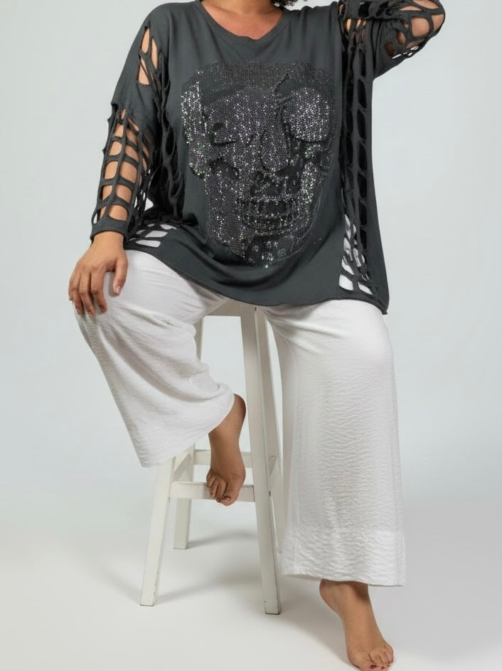 Long Shirt mit Glitzer „Skull" und Cut Out Ärmeln in 4 Farben