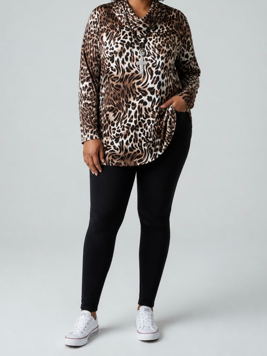 Hochwertiges Blusen - Shirt mit Kapuze und „Animal Print“ Einheitsgrösse Gr. 42 - 46 in weiß - braun - schwarz