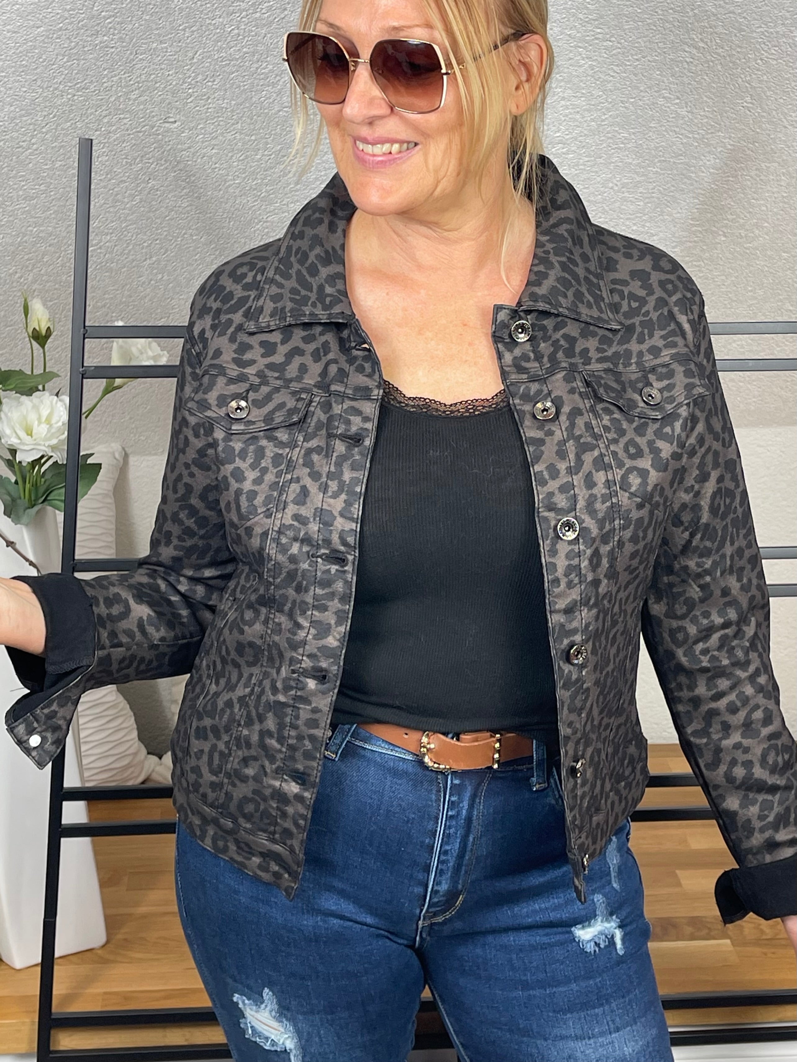 Elegante Hochwertige Damen Kunstleder - Jacke „Animal Print“ Gr. 36 - 44 in taupe - anthrazit - schwarz