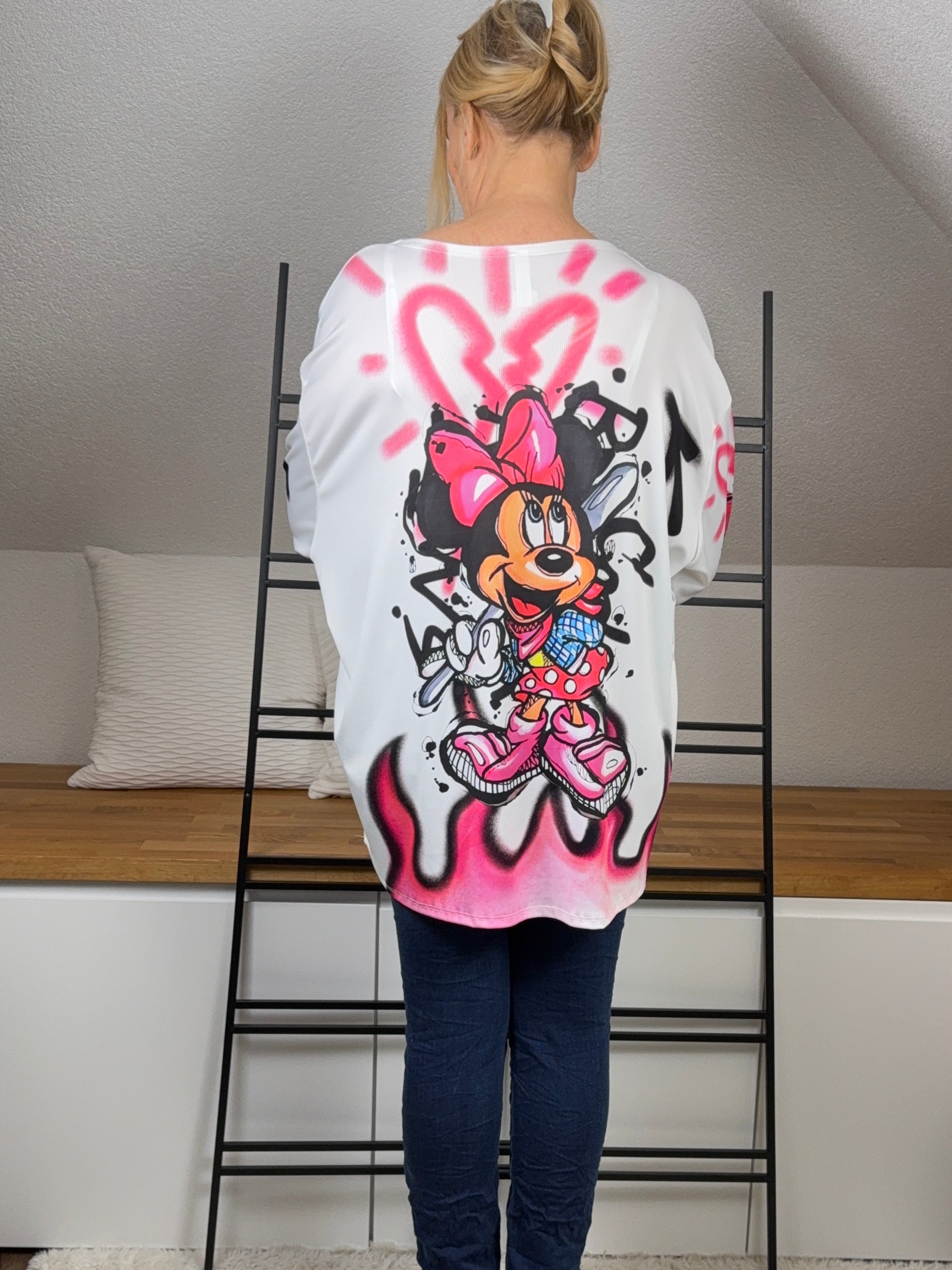 Leichter Pullover mit „Mausprint“ Einheitsgrösse Gr. 42 - 46 in weiß - pink