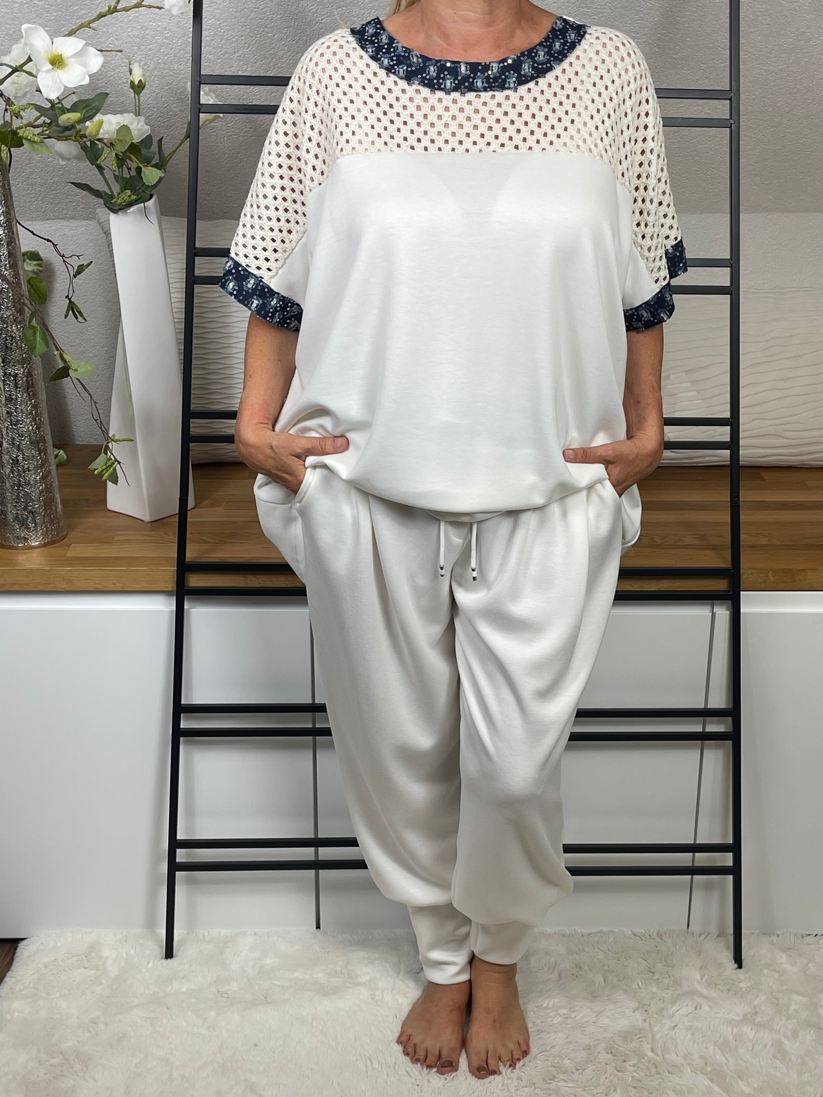 Damen T - Shirt „Fluffi / Elegance“ Einheitsgrösse Gr. 44 - 52 in weiß- blau