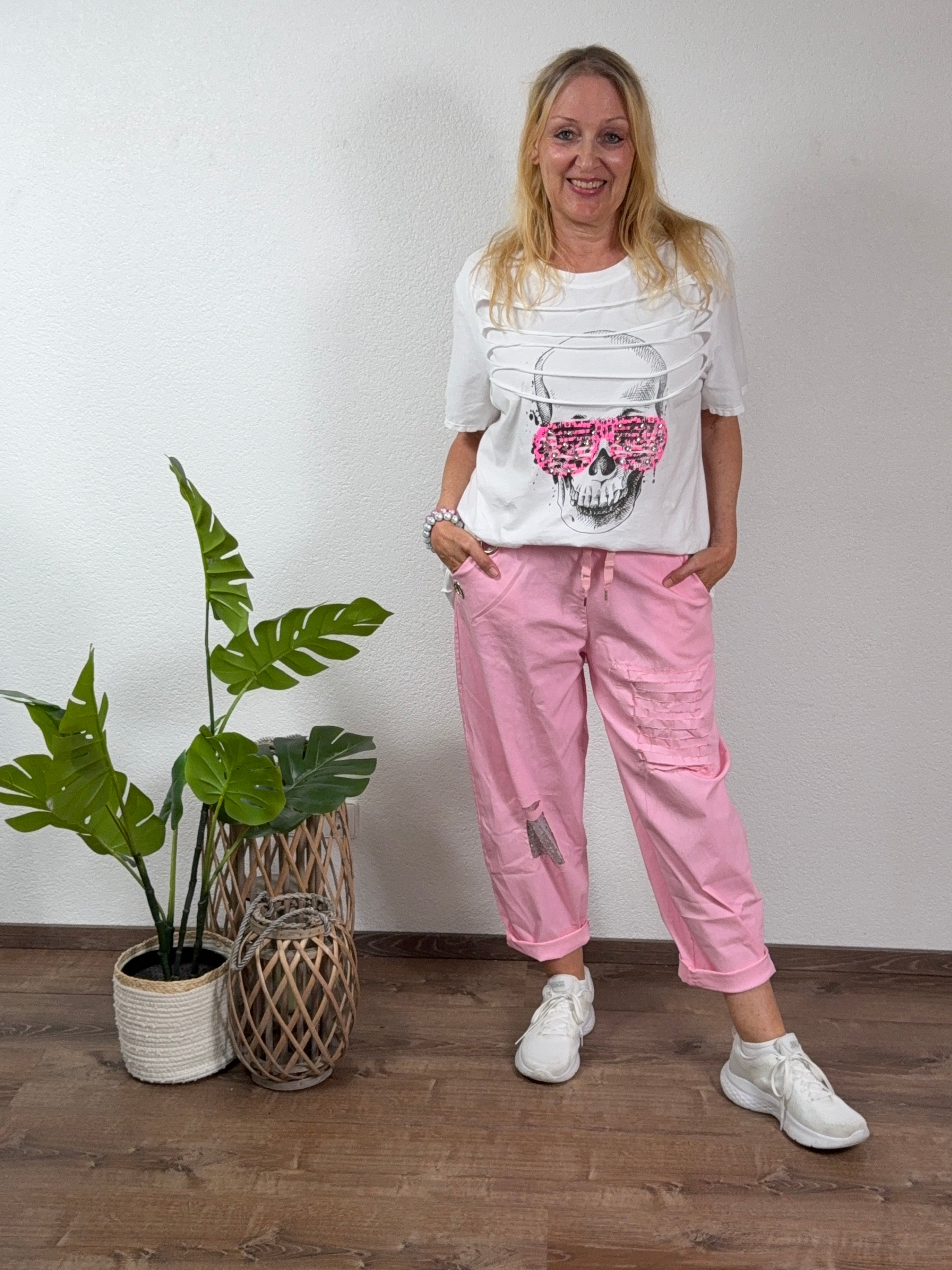 T - Shirt „ Skull“ Einheitsgröße Gr. 38 - 44 in weiß - pink