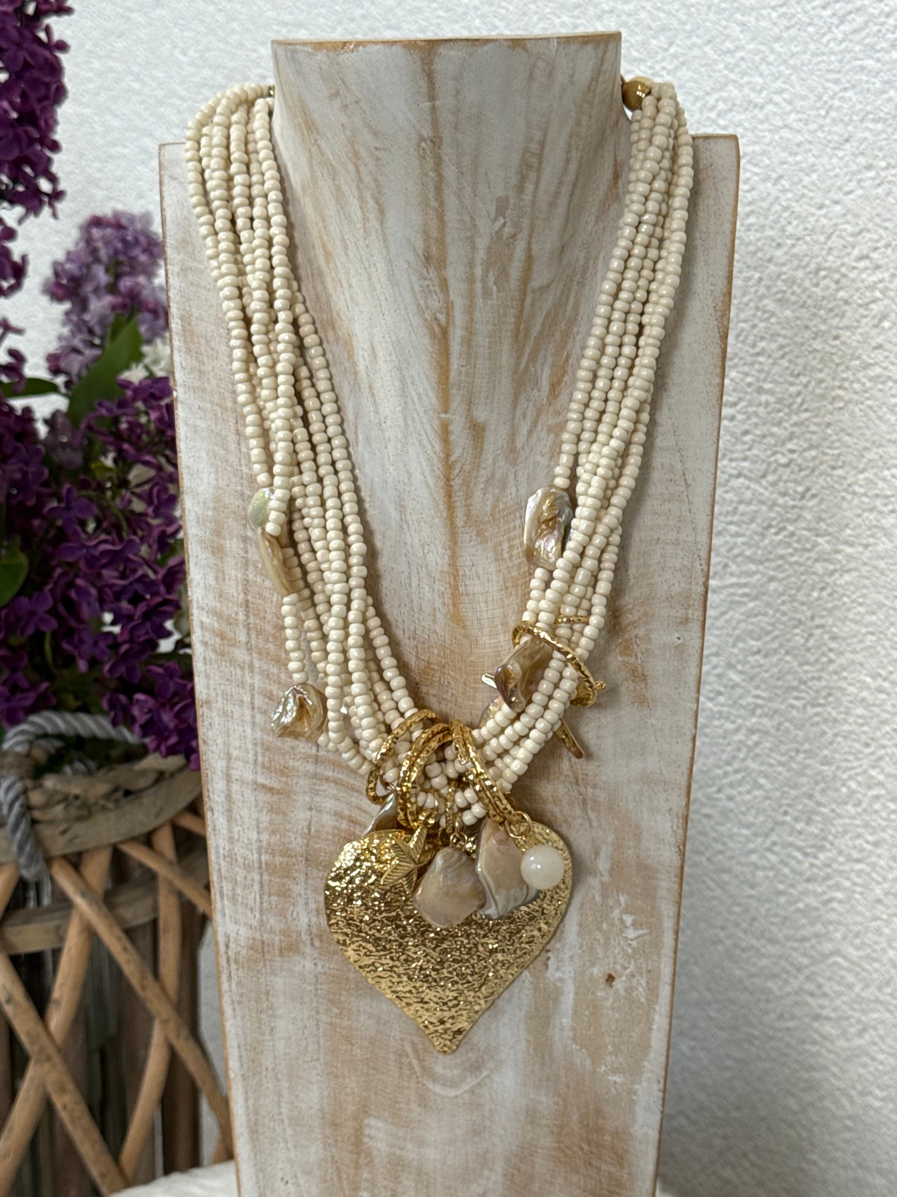Boho - Muschel - Perlen - Kette in weiß - gold in 3 Motiven