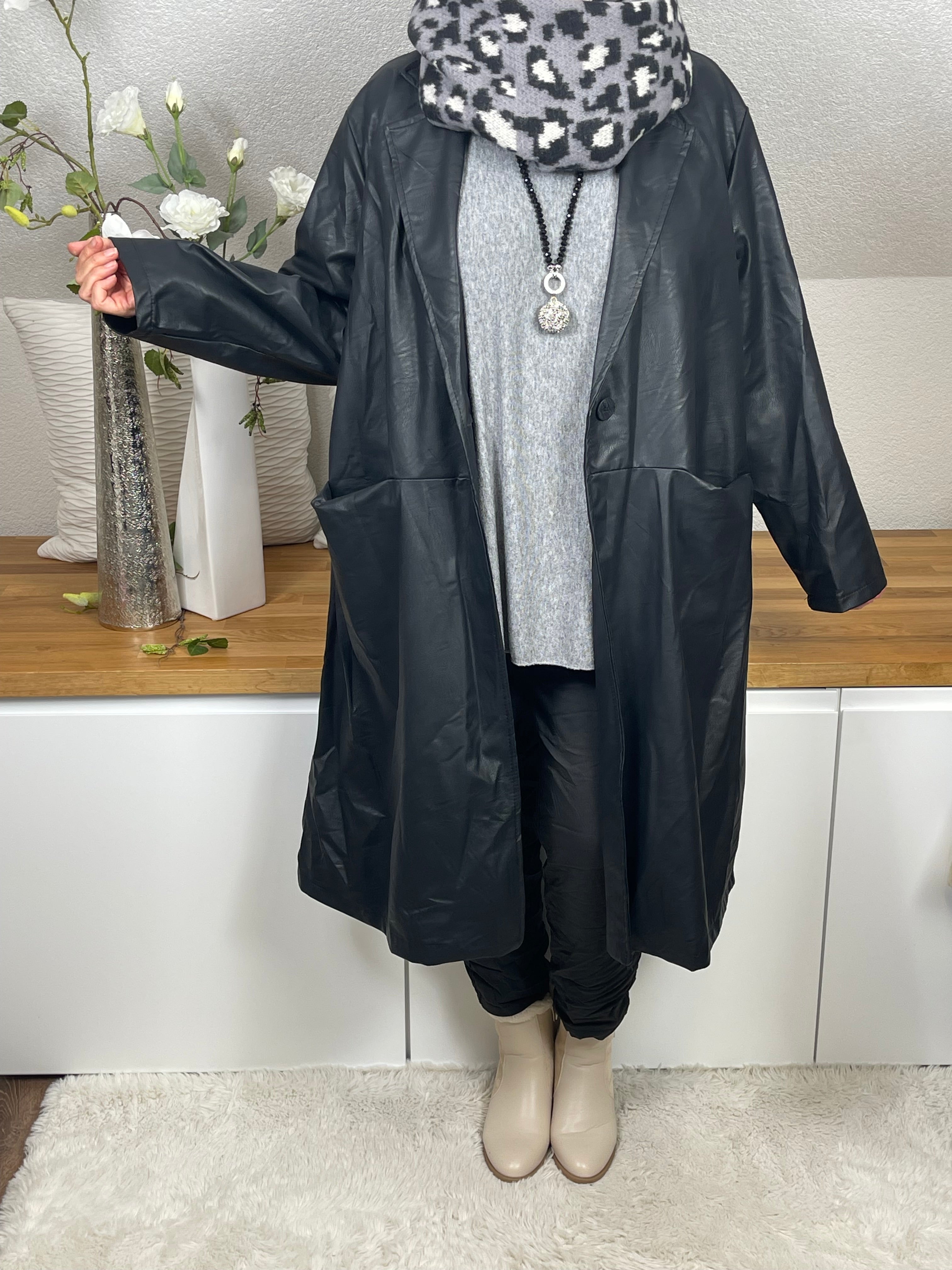 Eleganter Damen Lederimitat - Mantel Einheitsgrösse Gr. 42- 48 in 3 Farben