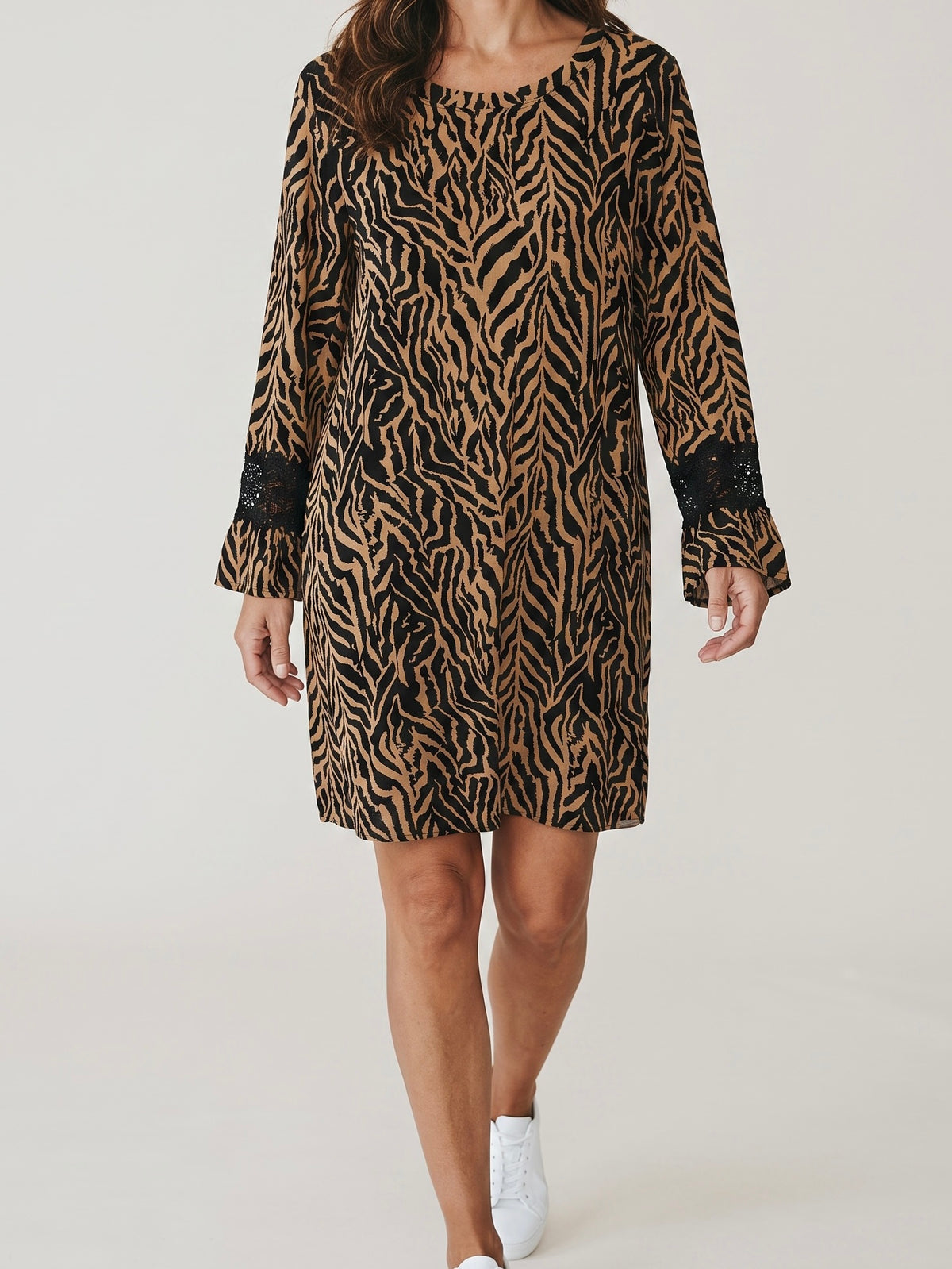 Tunika - Kleid „Animal“ mit Armspitze in braun - schwarz