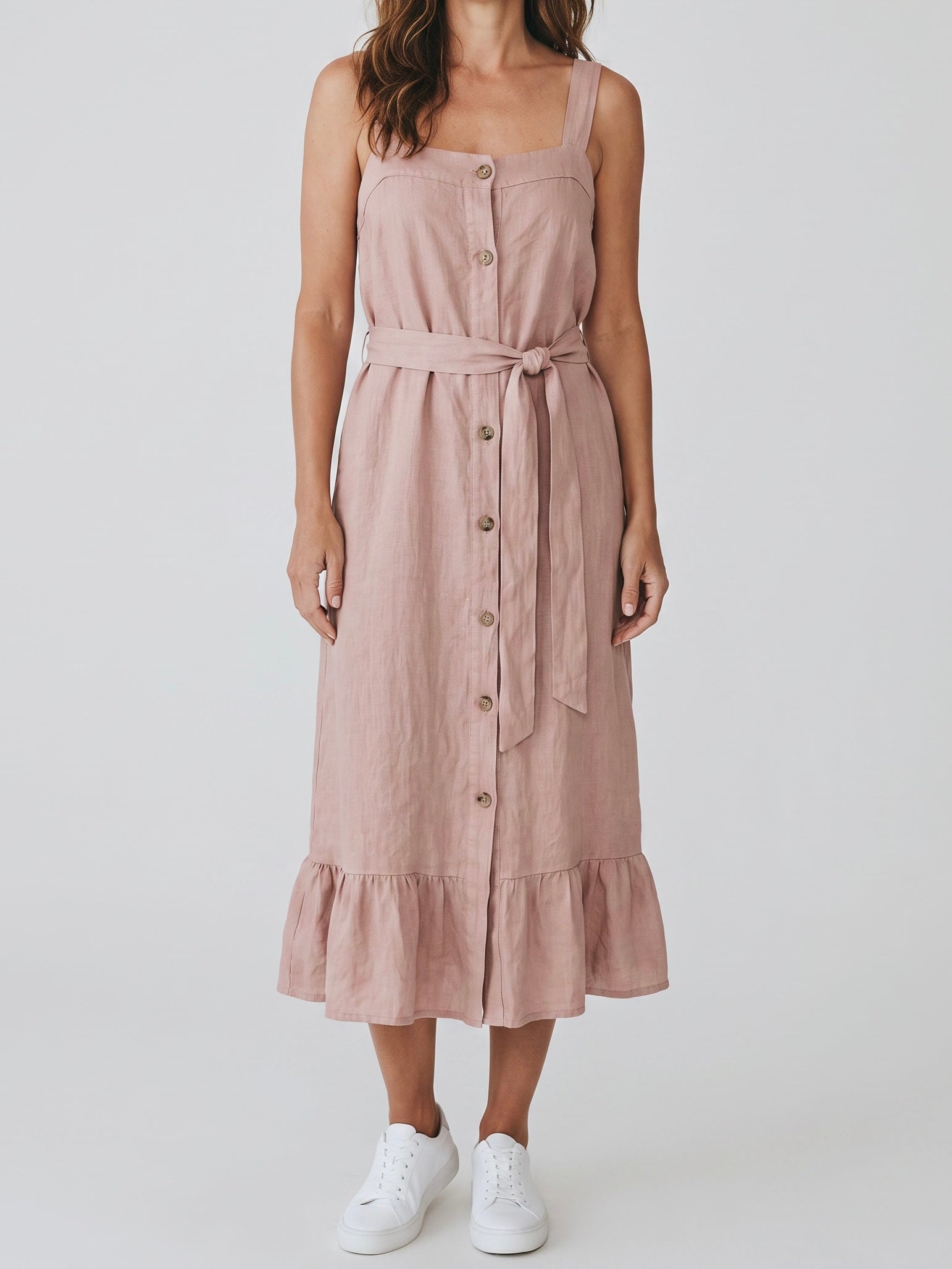 Leinenkleid mit Bindegürtel und Volant in 2 Farben