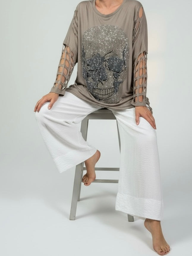Long Shirt mit Glitzer „Skull" und Cut Out Ärmeln in 4 Farben