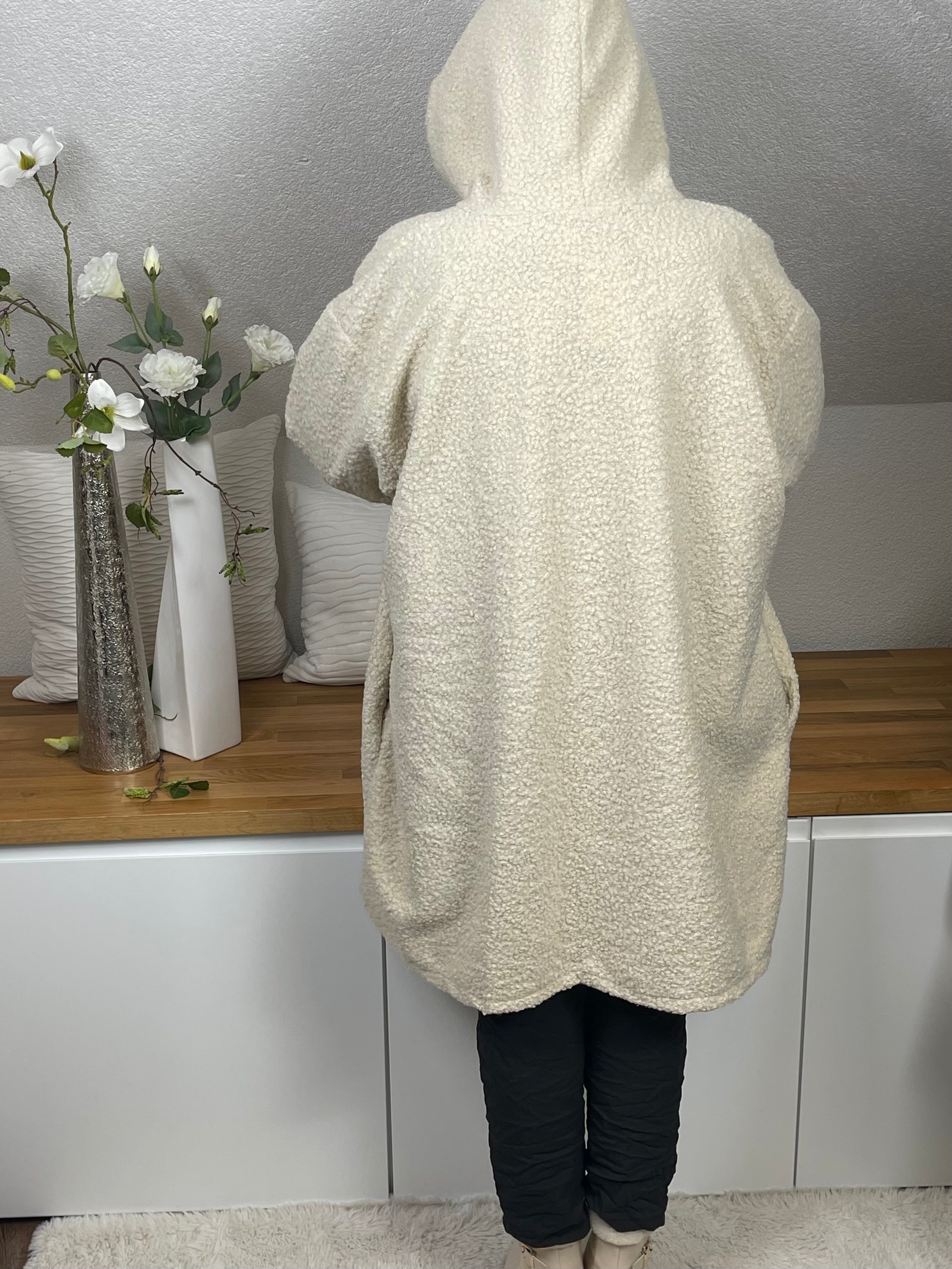 Damen „Boucle“ Kurz - Mantel mit Kapuze Einheitsgröße Gr. 42 - 48 in wollweiß