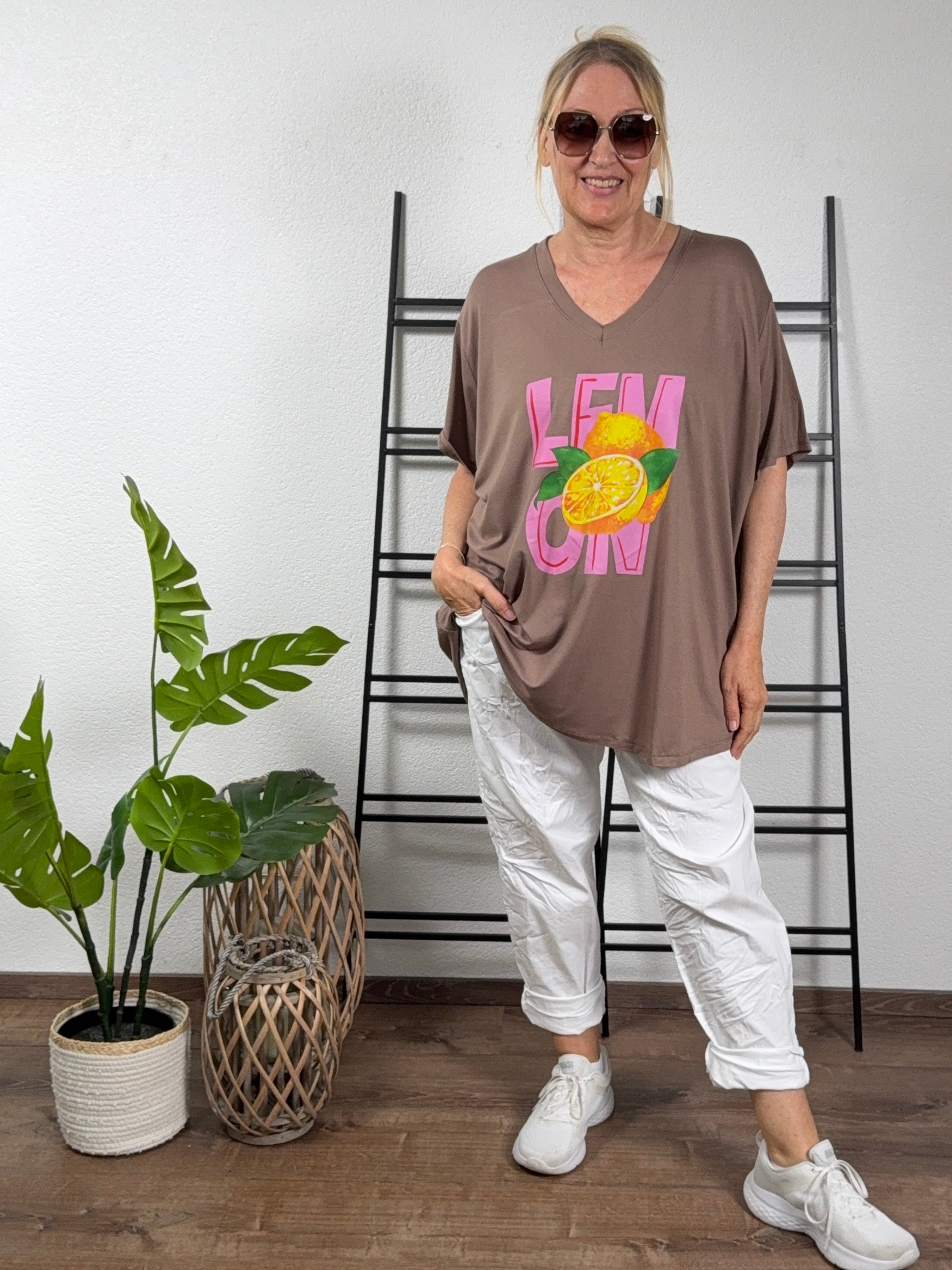 V - Shirt Kurzarm mit „Lemon Print“ Einheitsgröße Gr. 42–48 in vielen Farben