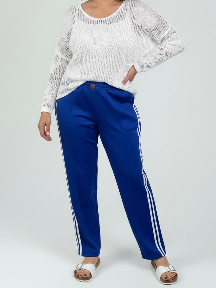 Elastische Bundfalten - Hose mit Galonstreifen und Gürtel in 2 Farben