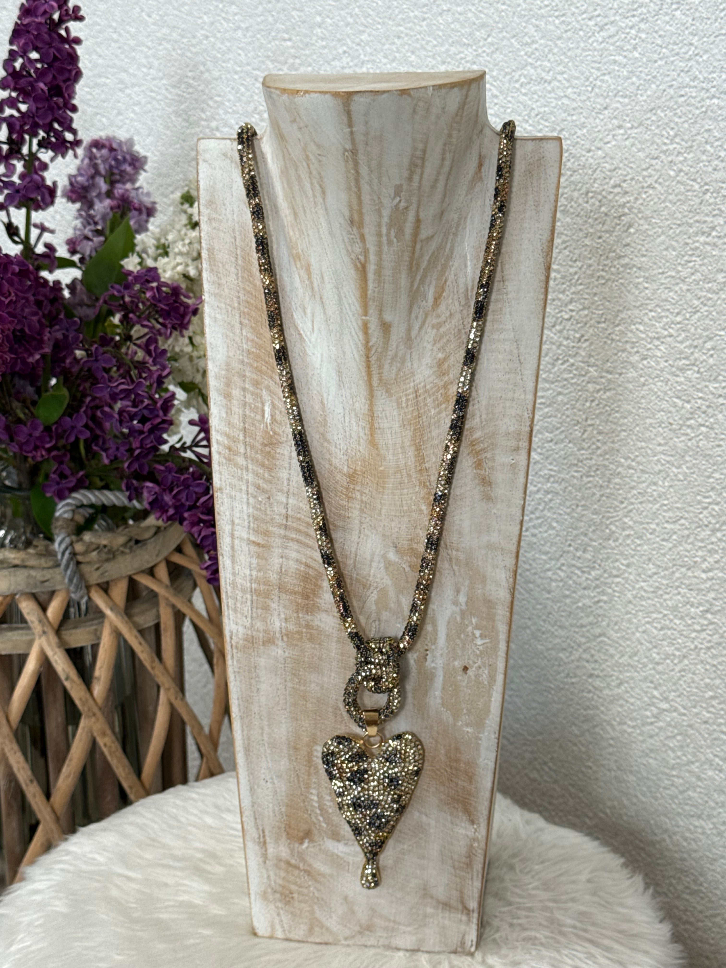 Lange Kette „Herz“ mit „Animal Print“ in gold - silber - schwarz