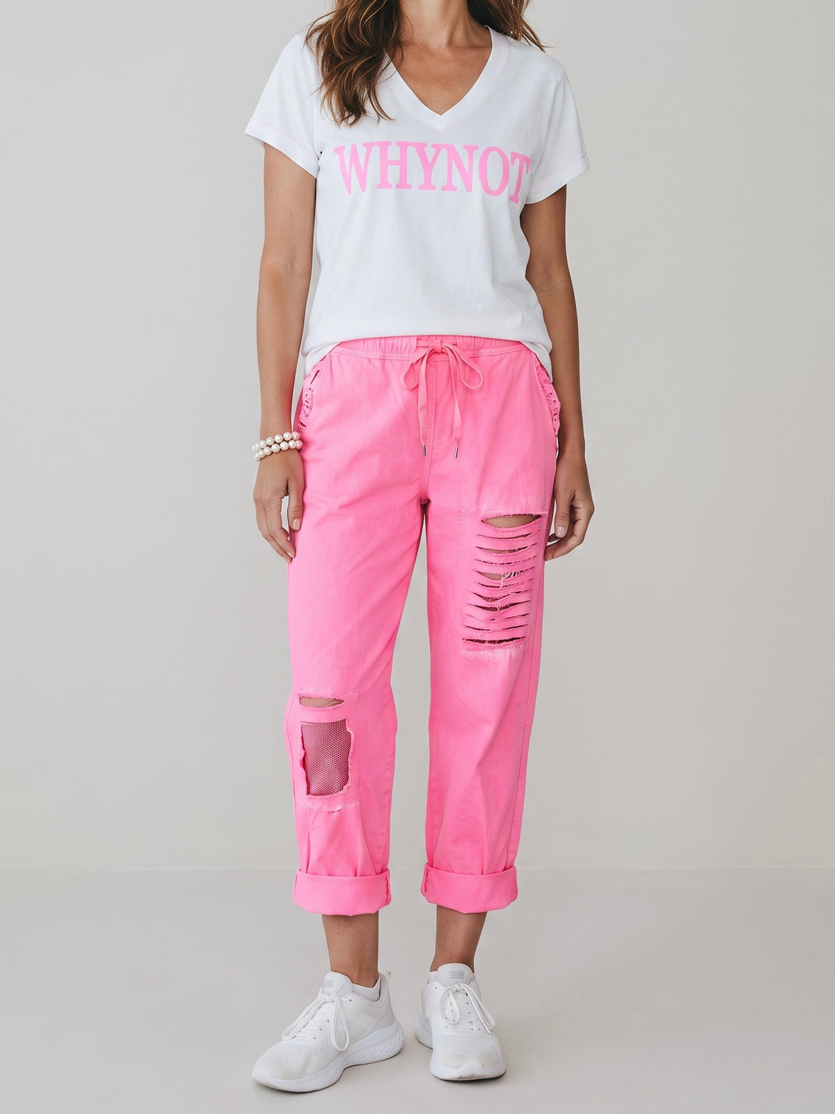 V -Shirt Kurzarm „Whynot“ in weiß - neonpink