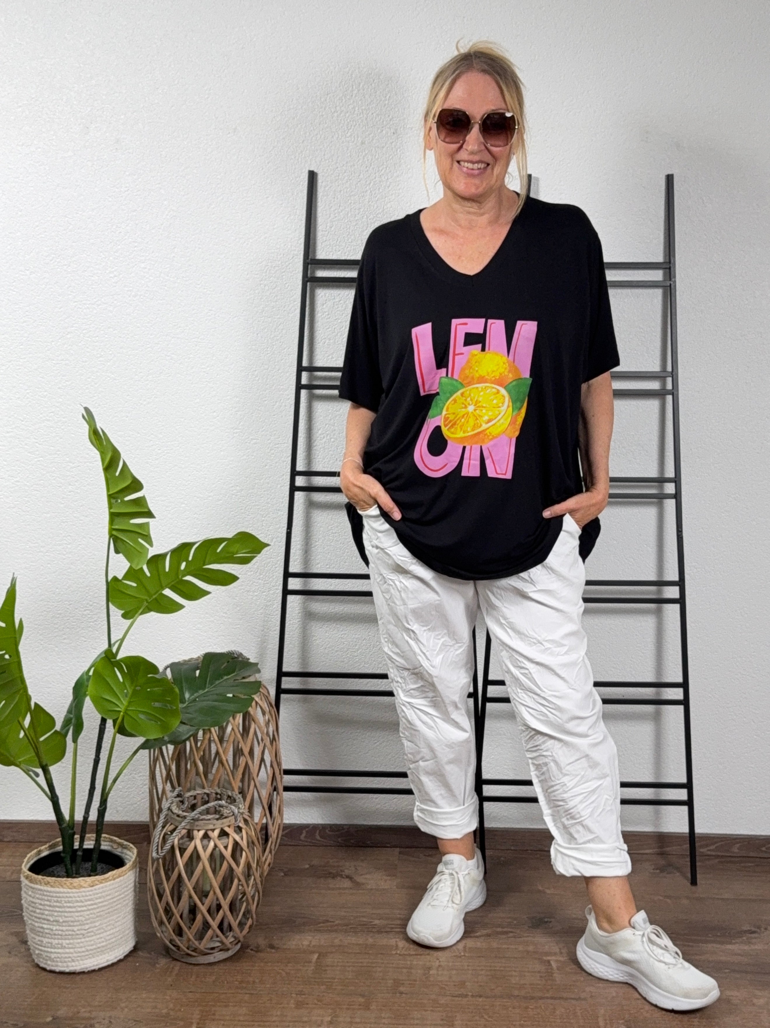 V - Shirt Kurzarm mit „Lemon Print“ Einheitsgröße Gr. 42–48 in vielen Farben