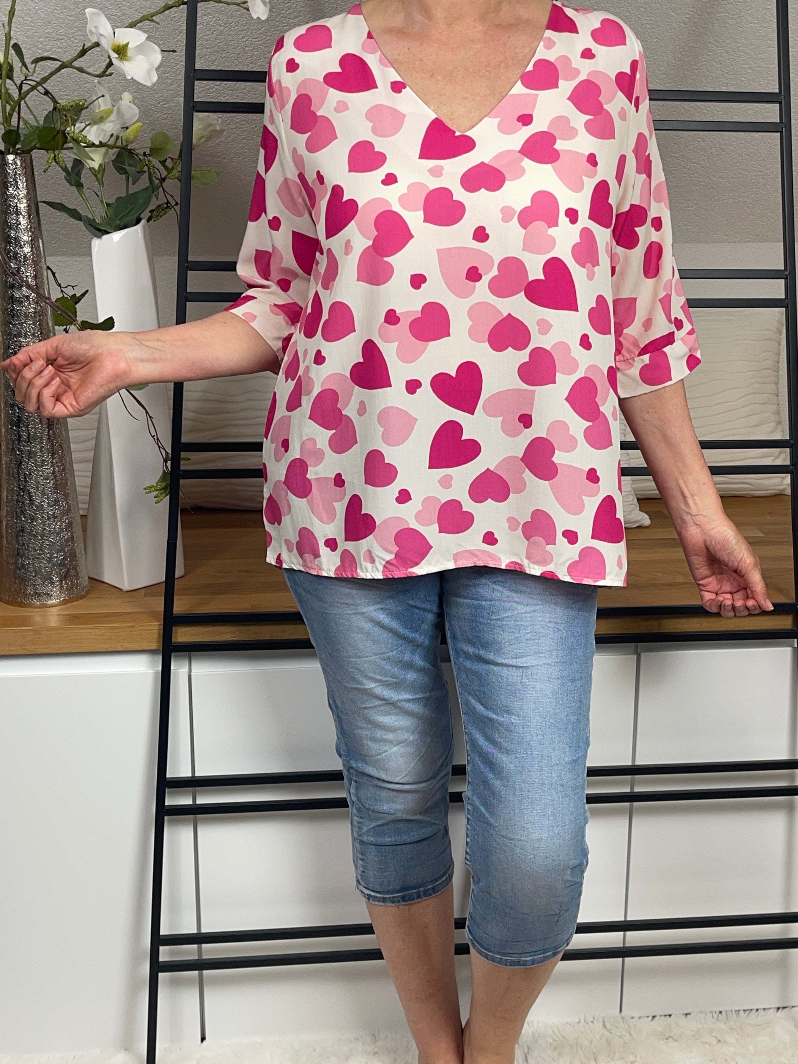 Damen - Bluse „Herzle“ Einheitsgrösse Gr. 36 - 42 in weiß - pink