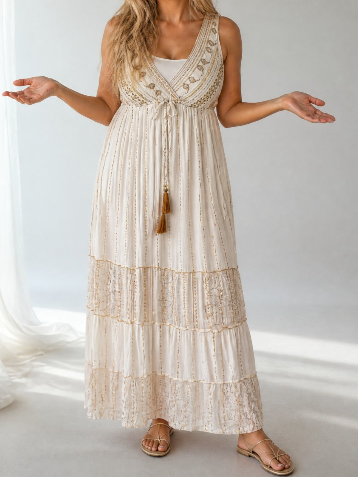 „Boho“ Maxi - Kleid mit Stickerei Einheitsgröße Gr. 38 - 44 in creme - taupe