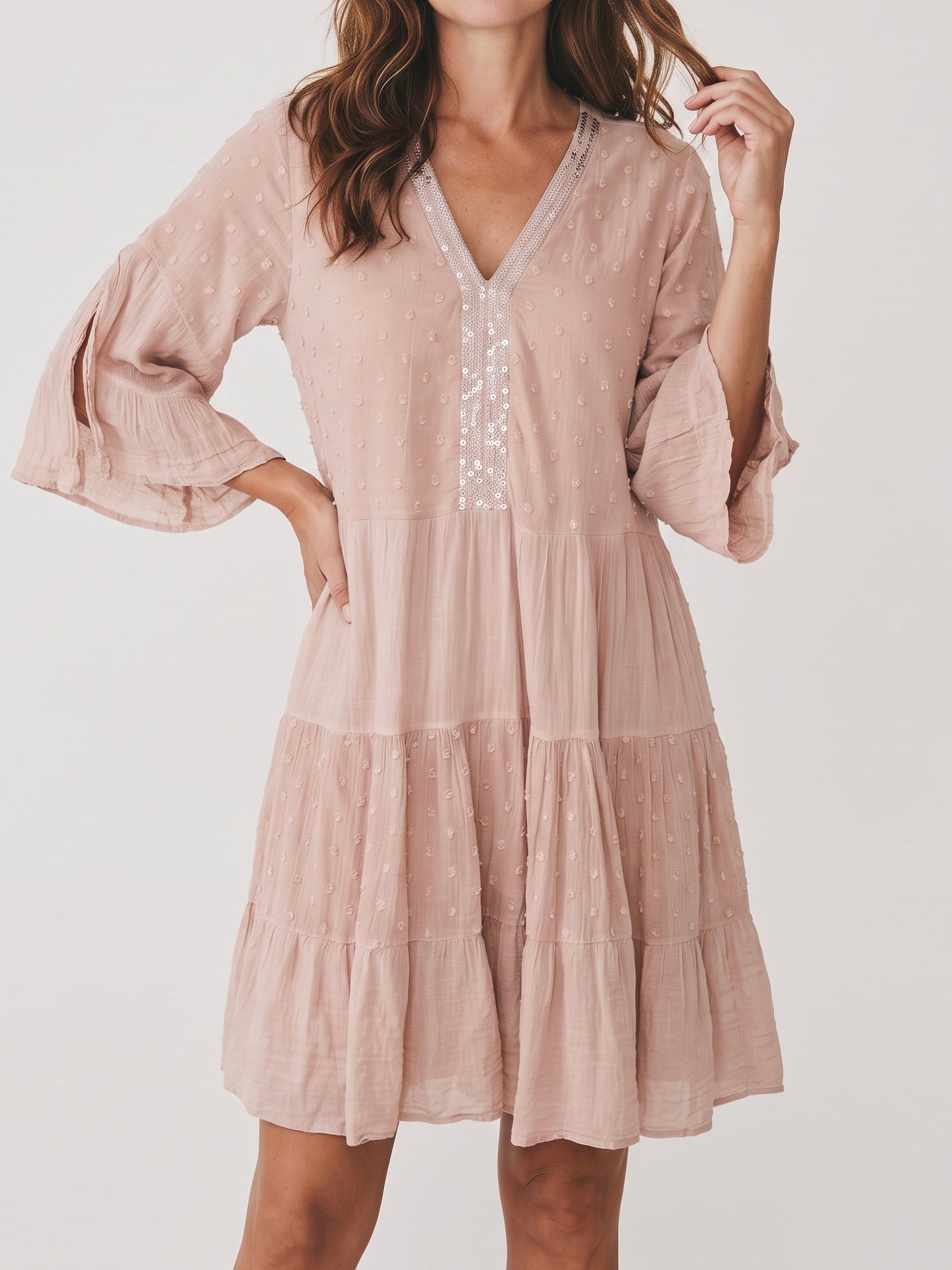Boho - V - Tunika - Kleid mit Glitzer und Pailletten in zartrose