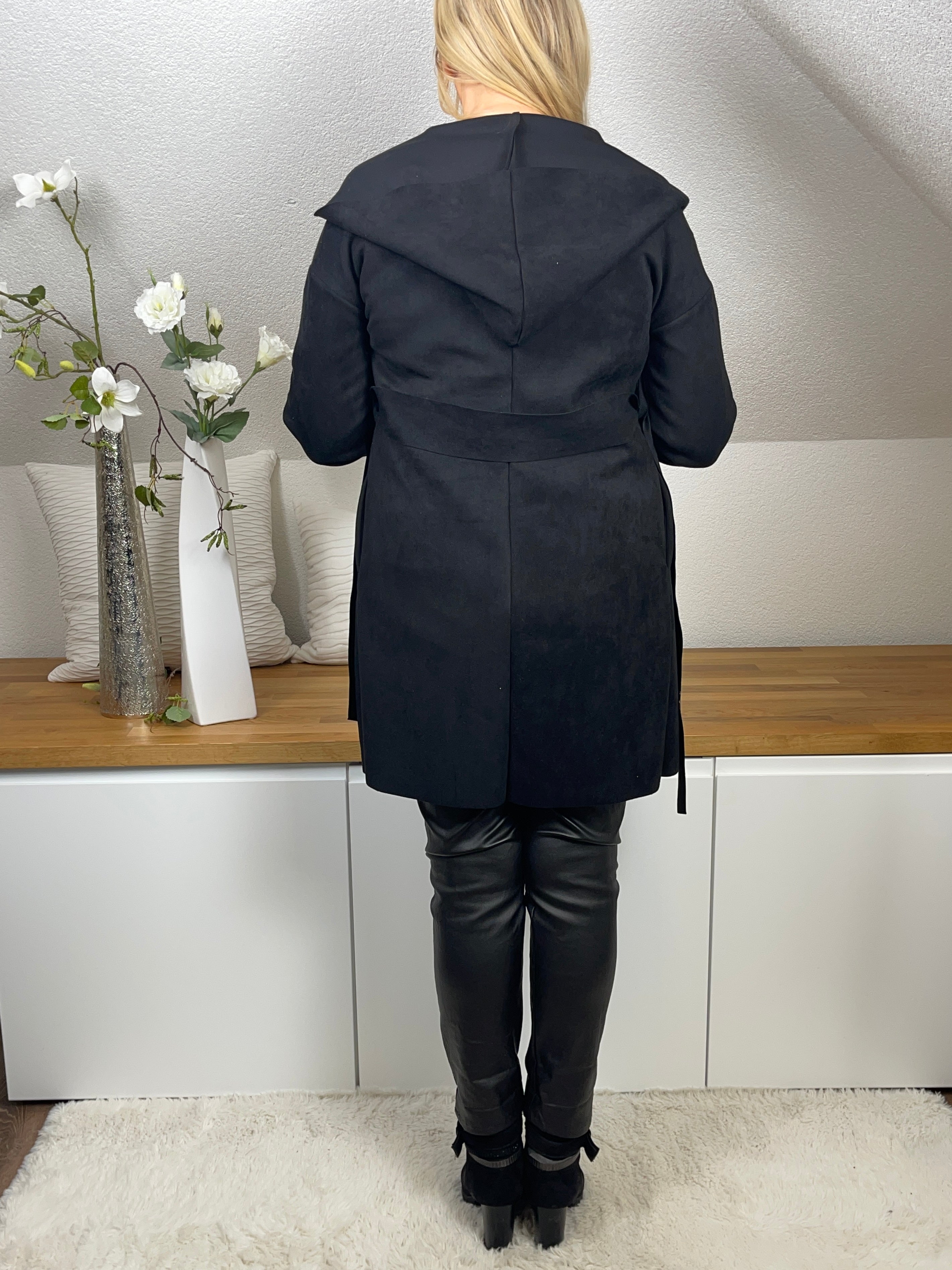 Eleganter Damen - Mantel mit Bindegürtel „Wildlederoptik“ Einheitsgrösse Gr. 36/37 in schwarz