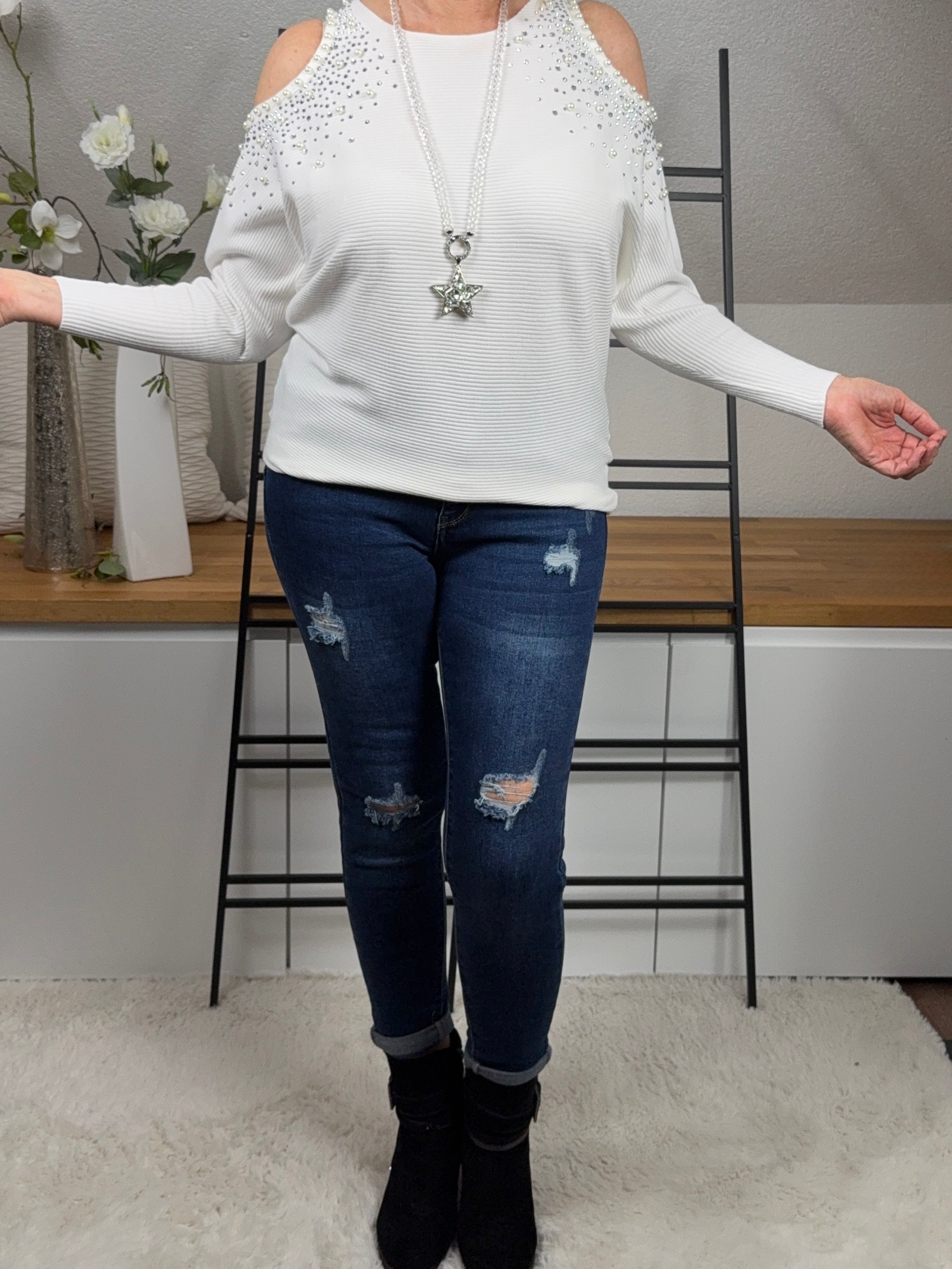 Eleganter Feinstrick Off - Shoulder Pullover mit Glitzer und Pailletten Einheitsgröße Gr. 38 - 42 in 2 Farben