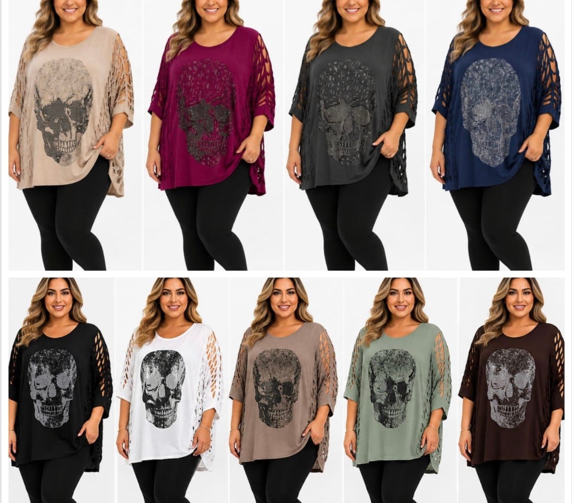 Long - Shirt mit Glitzer „Skull“ und Cut - Out - Armen in 4 Farben
